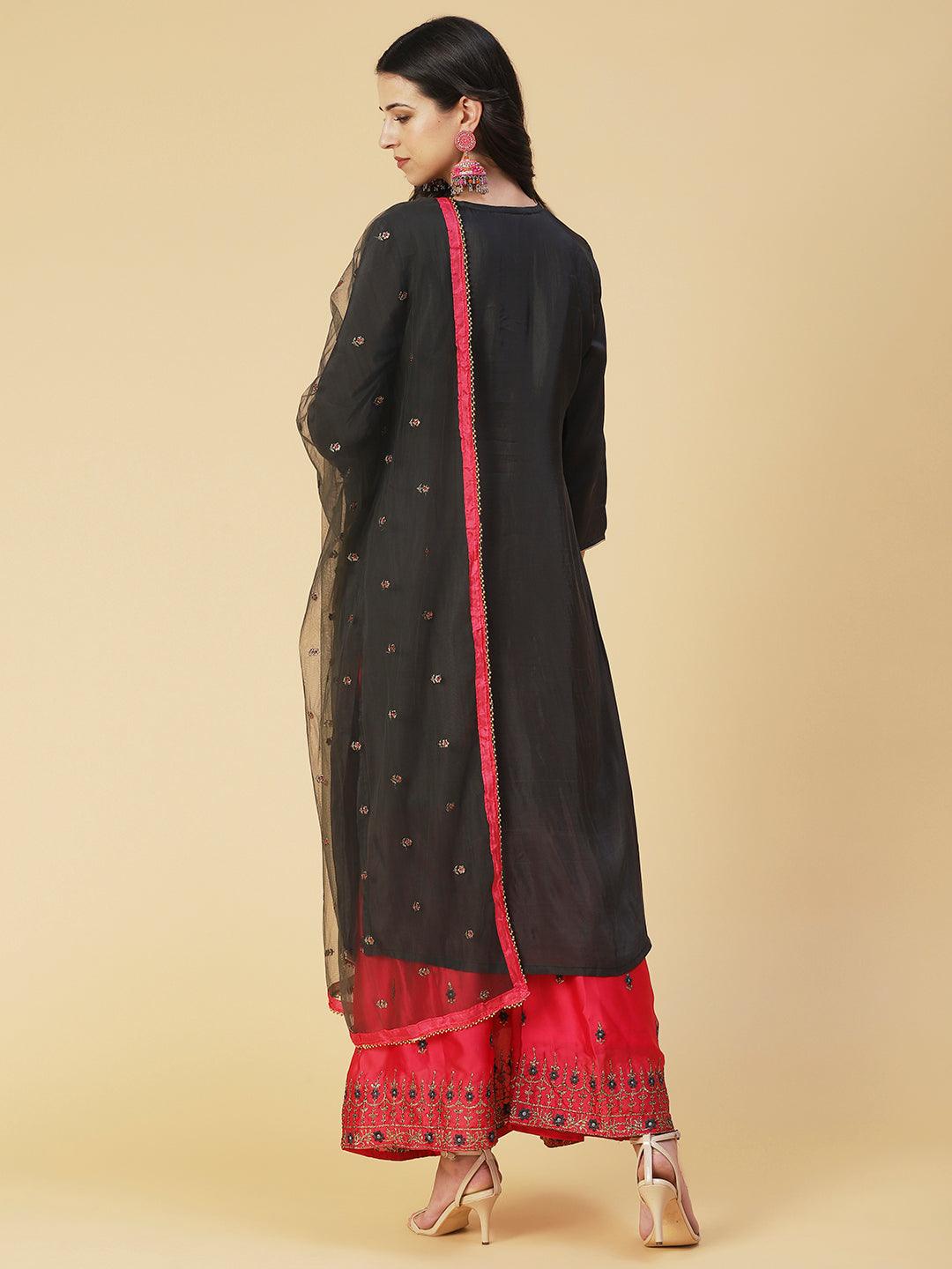 Solid Embroidered Kurta With Embroidered Sharara & Dupatta - Black - Indiakreations