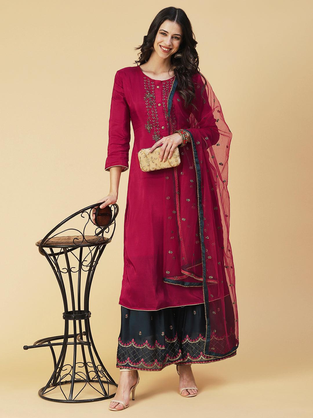 Solid Embroidered Kurta With Embroidered Sharara & Dupatta - Maroon - Indiakreations