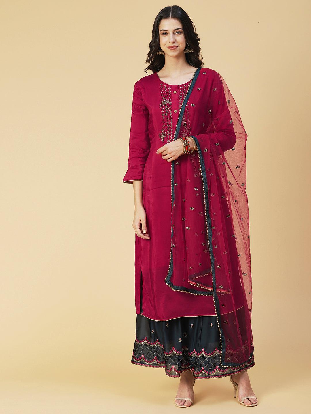 Solid Embroidered Kurta With Embroidered Sharara & Dupatta - Maroon - Indiakreations