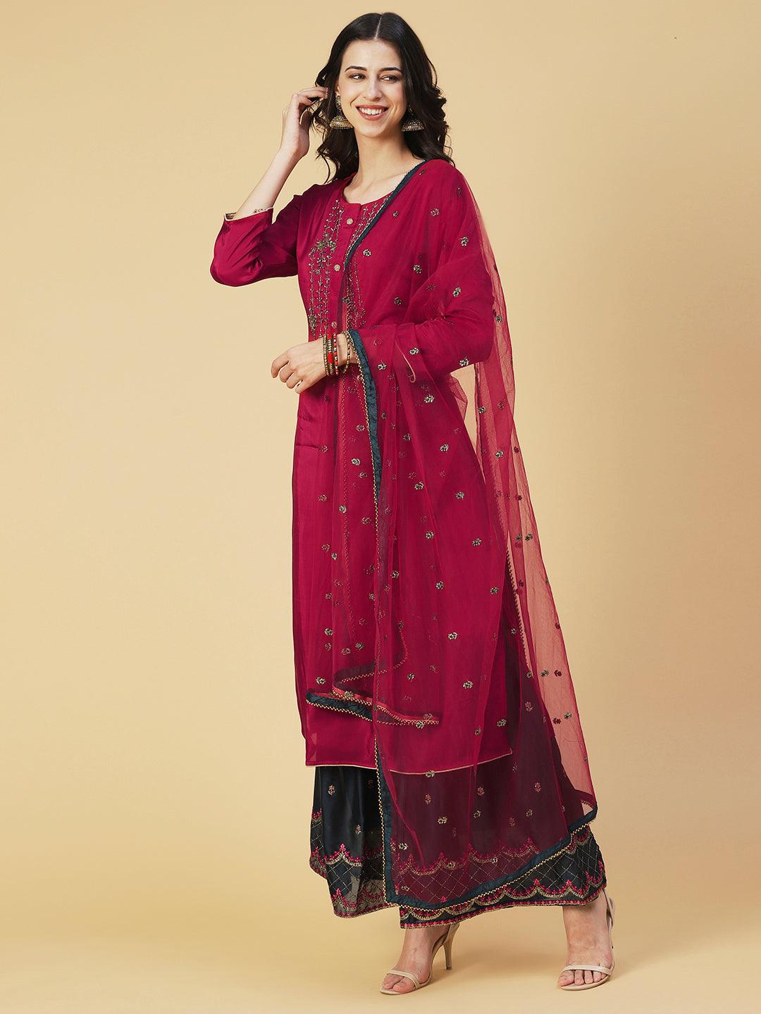 Solid Embroidered Kurta With Embroidered Sharara & Dupatta - Maroon - Indiakreations