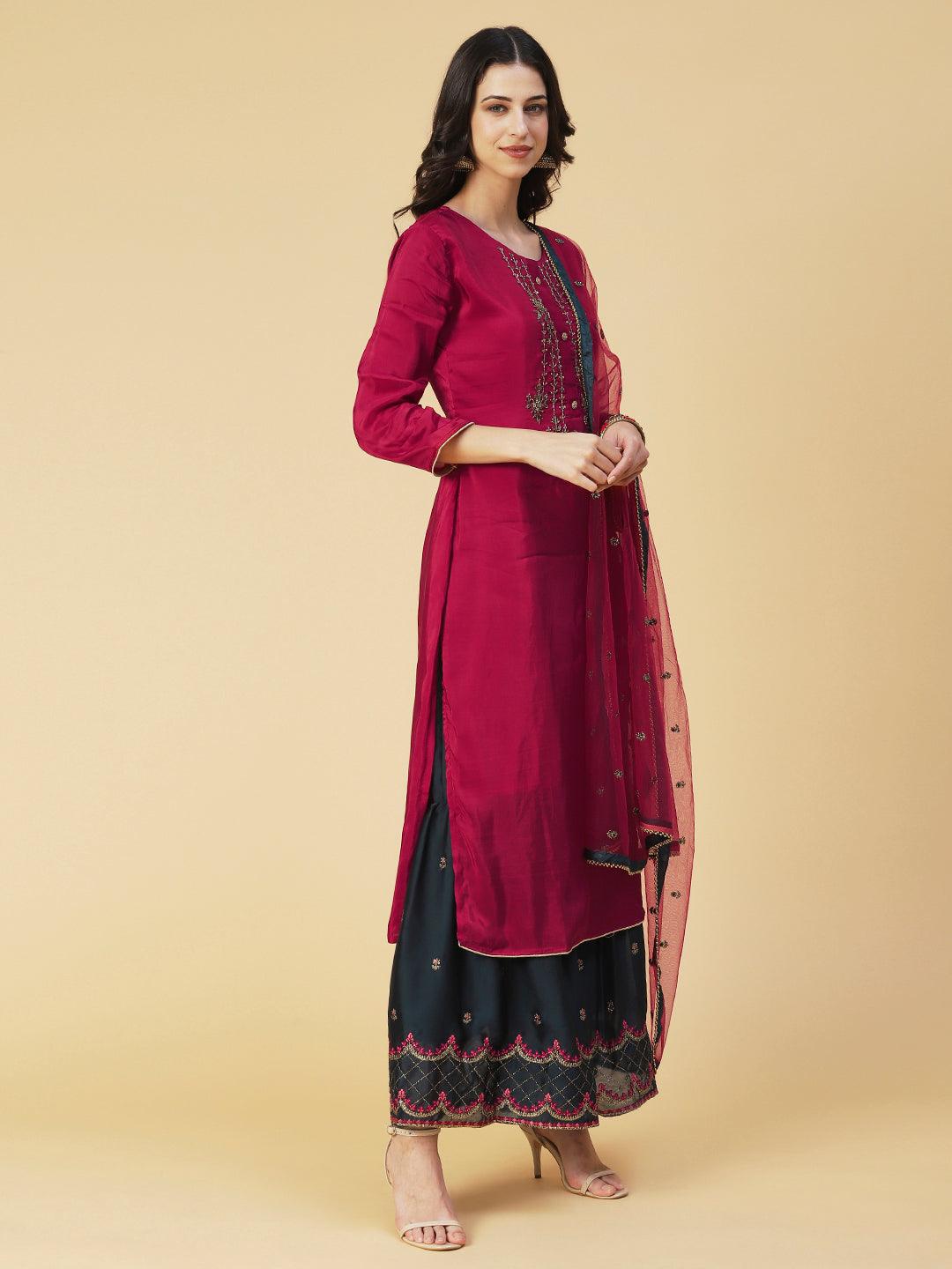 Solid Embroidered Kurta With Embroidered Sharara & Dupatta - Maroon - Indiakreations