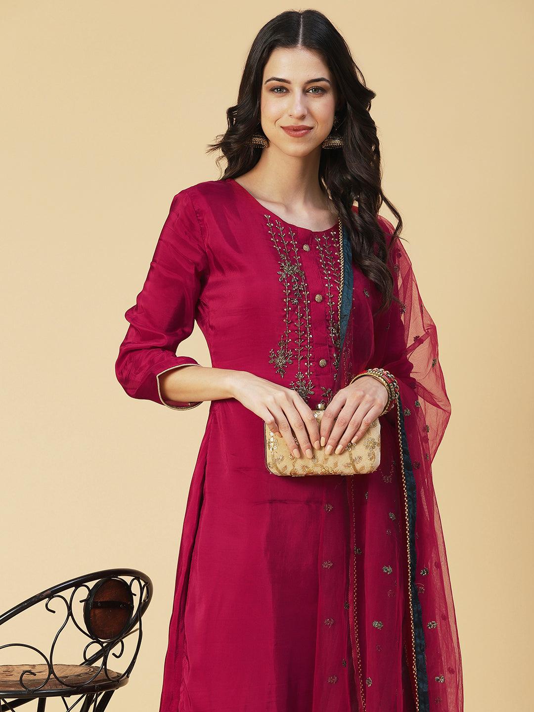 Solid Embroidered Kurta With Embroidered Sharara & Dupatta - Maroon - Indiakreations