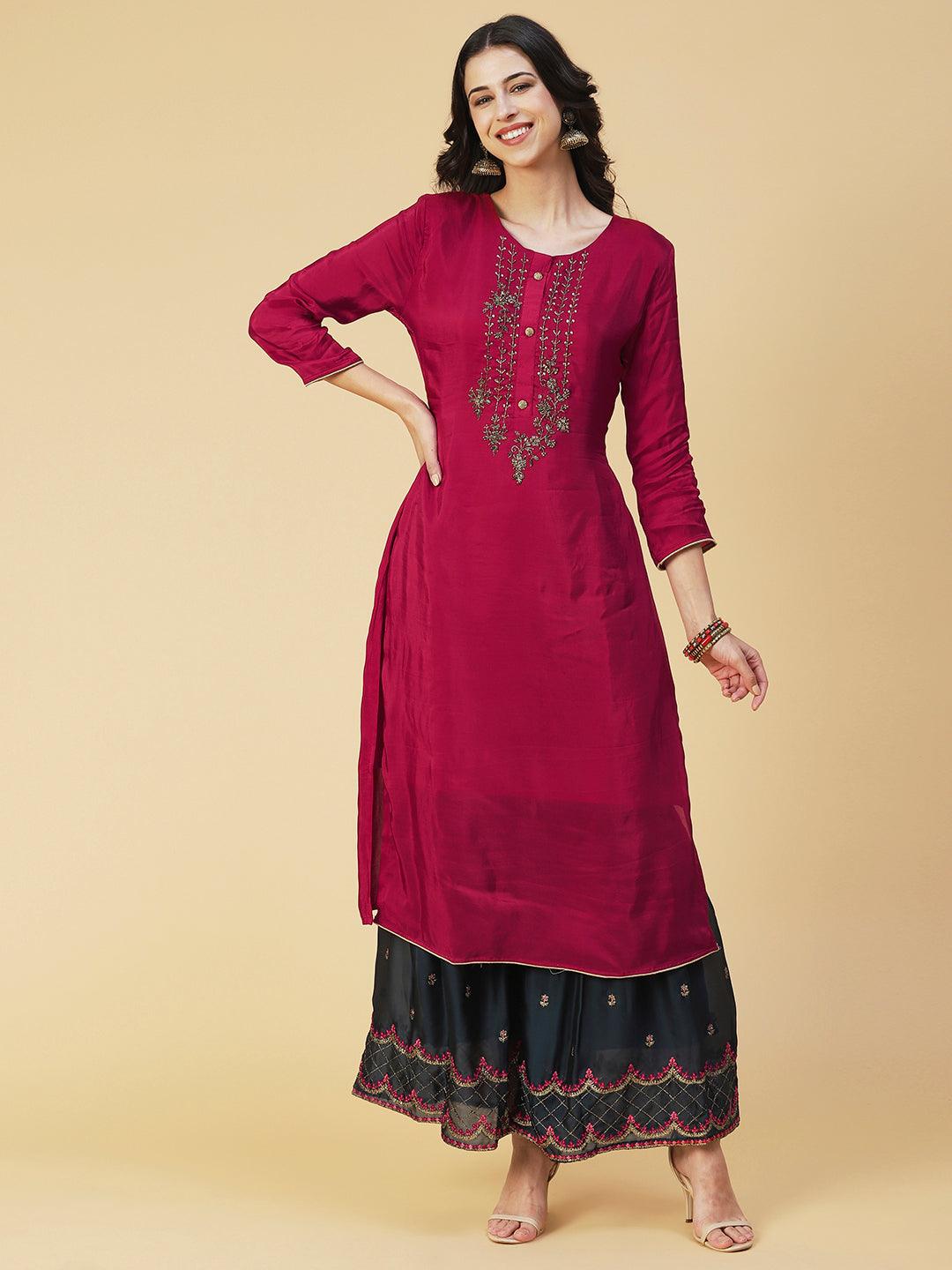 Solid Embroidered Kurta With Embroidered Sharara & Dupatta - Maroon - Indiakreations