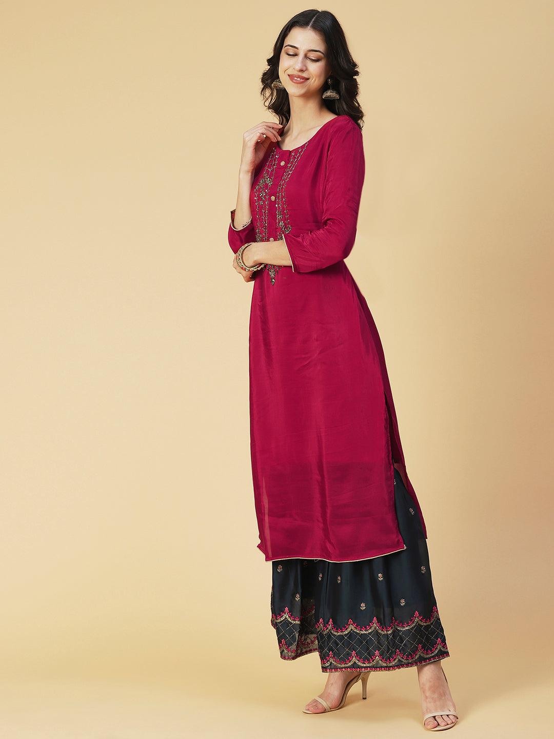 Solid Embroidered Kurta With Embroidered Sharara & Dupatta - Maroon - Indiakreations