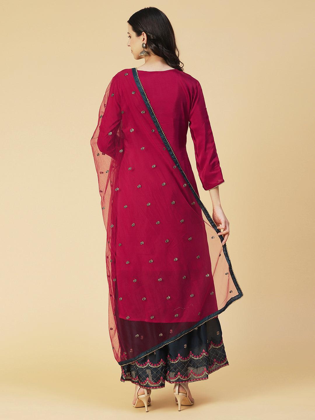 Solid Embroidered Kurta With Embroidered Sharara & Dupatta - Maroon - Indiakreations