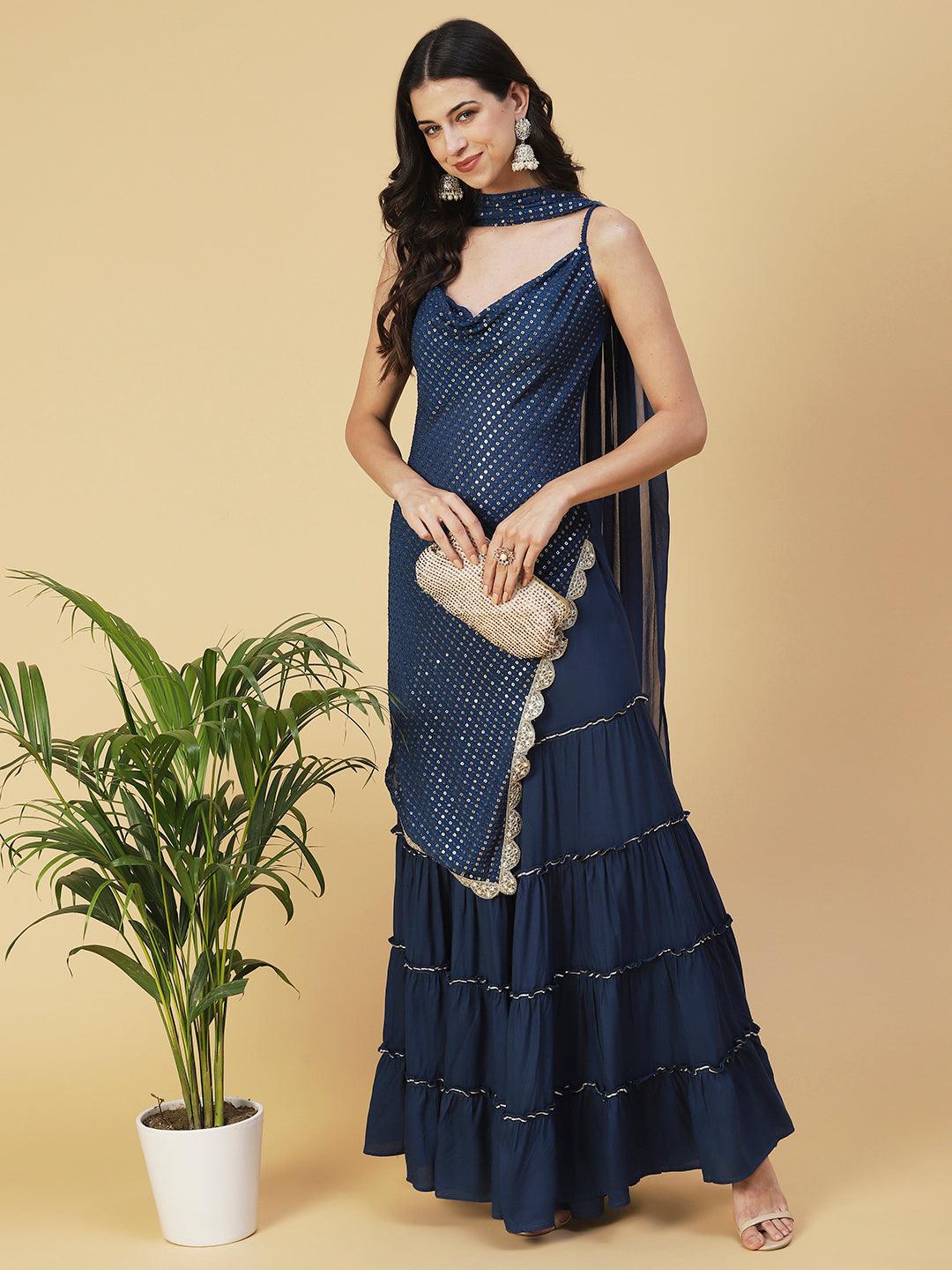 Sequin Embroidered Asymmetric Kurta with Sharara & Dupatta - Navy Blue - Indiakreations