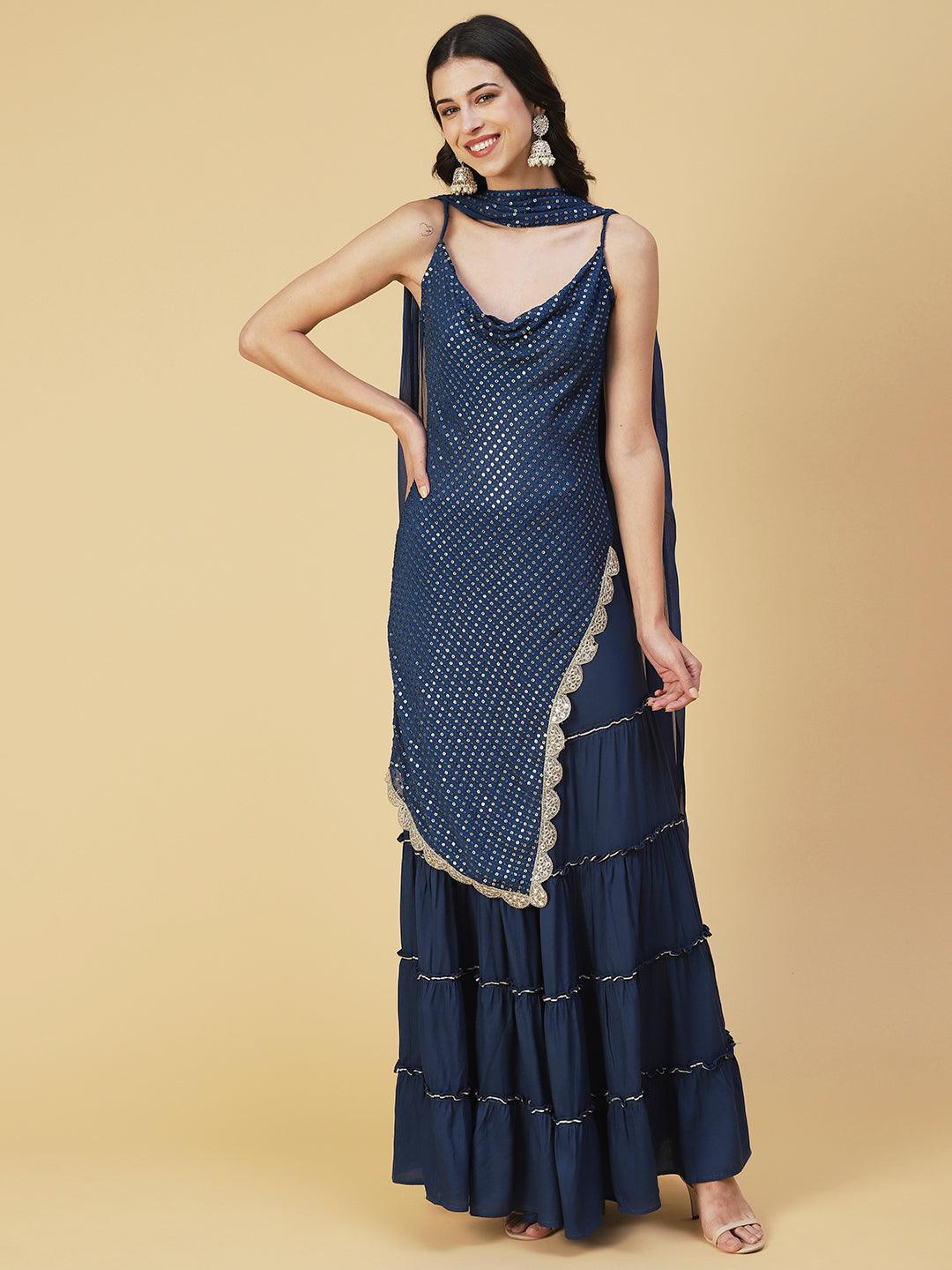 Sequin Embroidered Asymmetric Kurta with Sharara & Dupatta - Navy Blue - Indiakreations