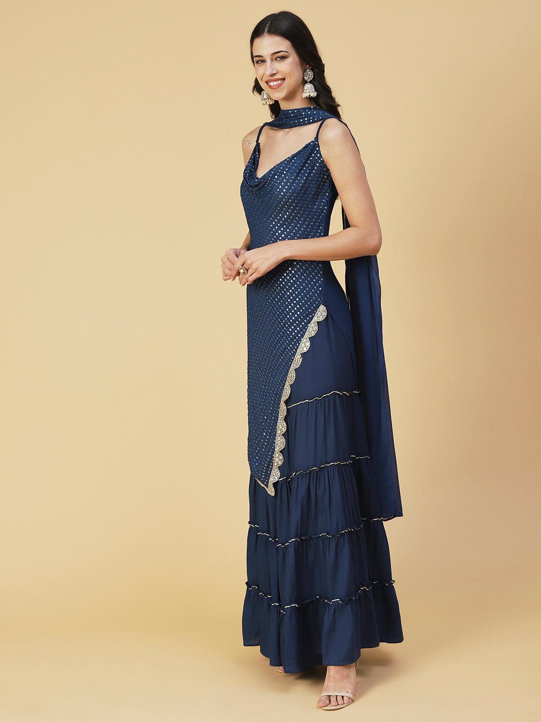 Sequin Embroidered Asymmetric Kurta with Sharara & Dupatta - Navy Blue - Indiakreations