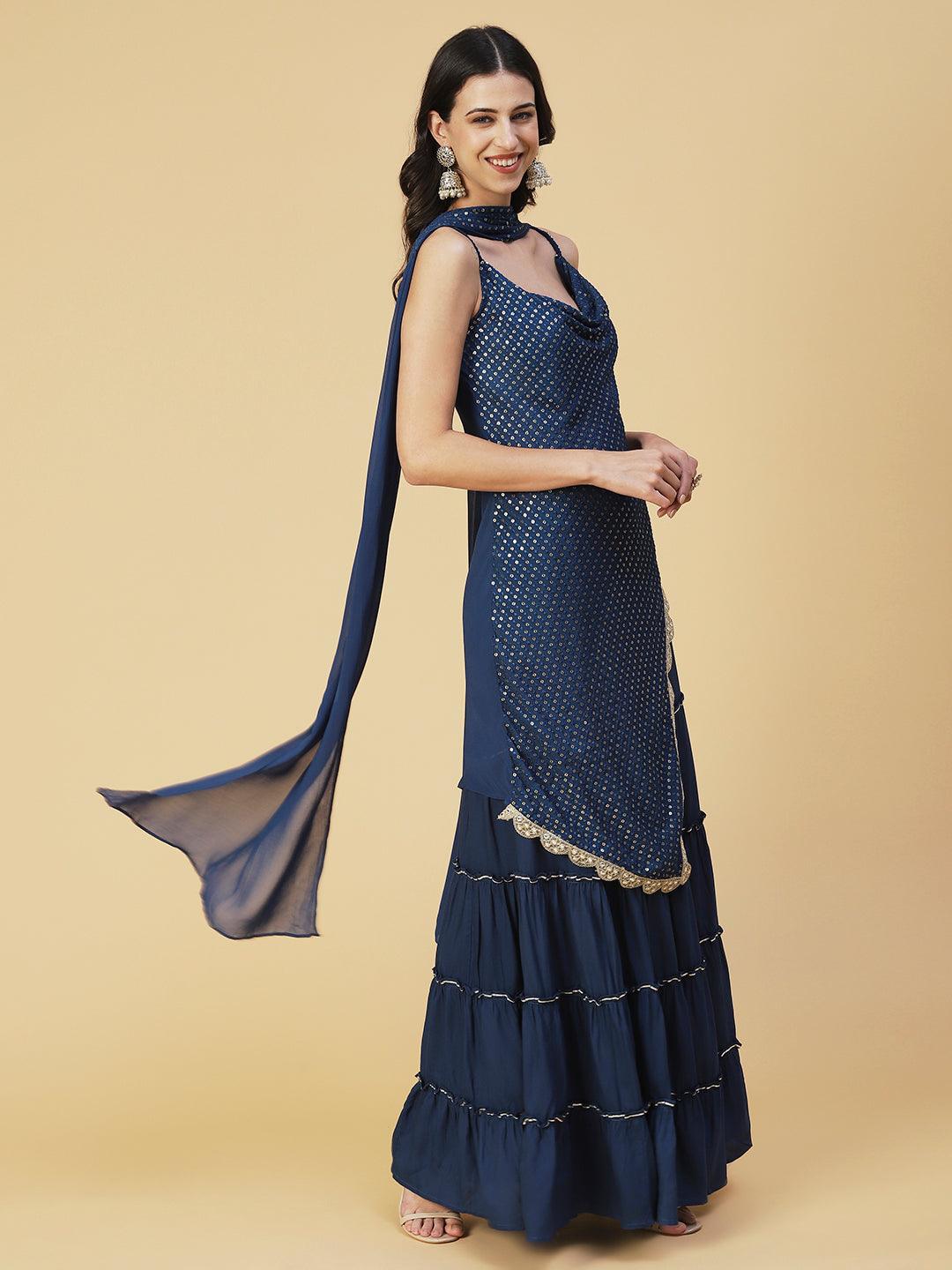 Sequin Embroidered Asymmetric Kurta with Sharara & Dupatta - Navy Blue - Indiakreations