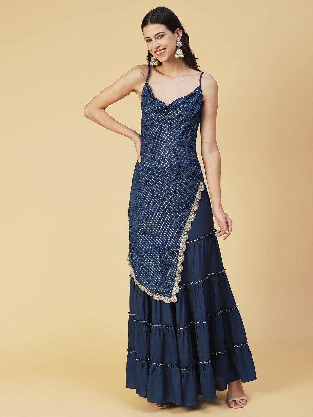 Sequin Embroidered Asymmetric Kurta with Sharara & Dupatta - Navy Blue - Indiakreations