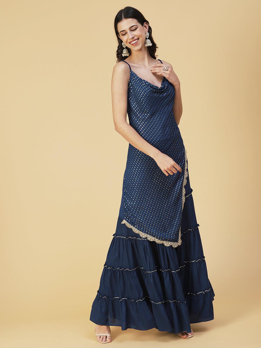 Sequin Embroidered Asymmetric Kurta with Sharara & Dupatta - Navy Blue - Indiakreations