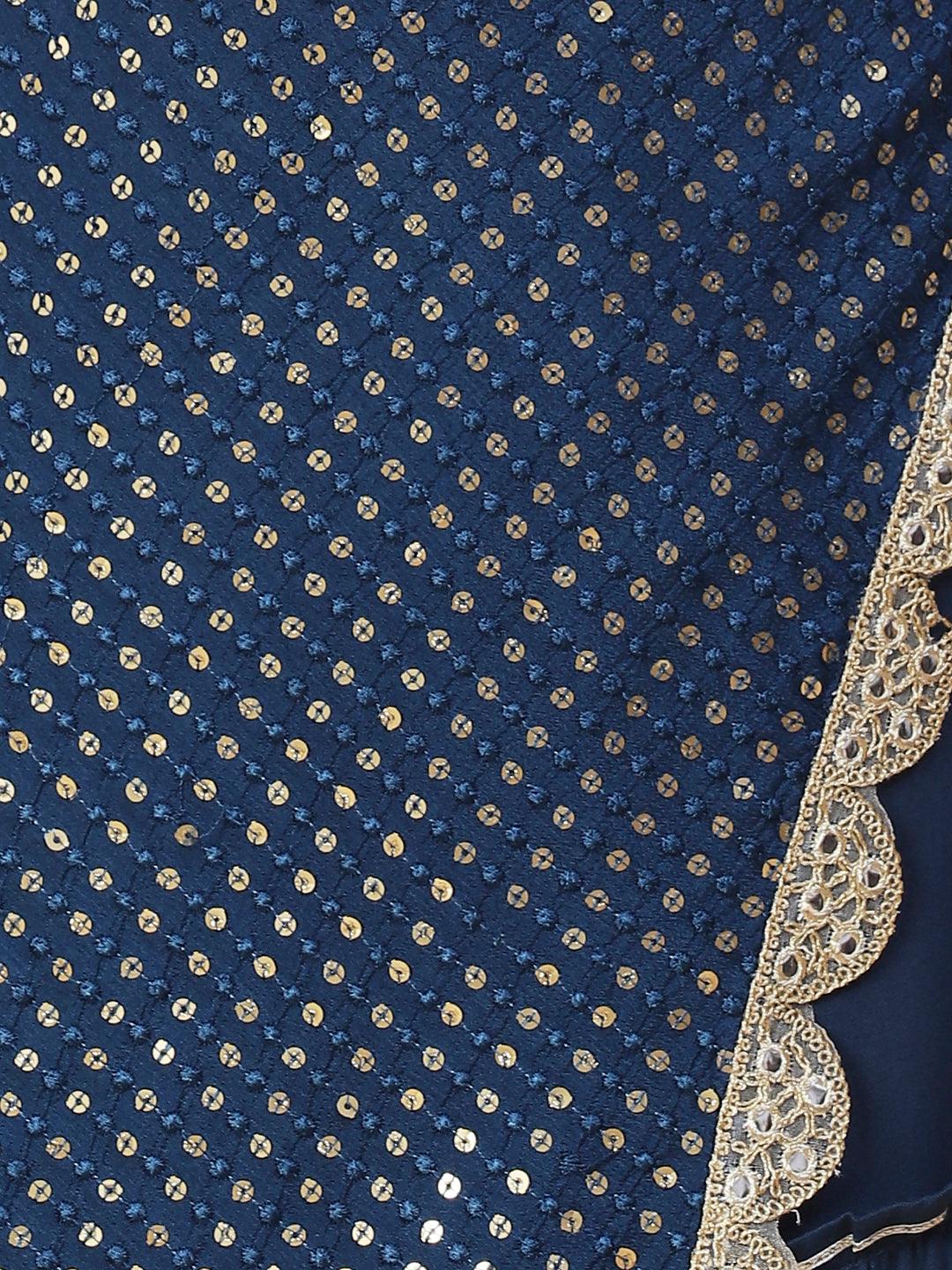 Sequin Embroidered Asymmetric Kurta with Sharara & Dupatta - Navy Blue - Indiakreations