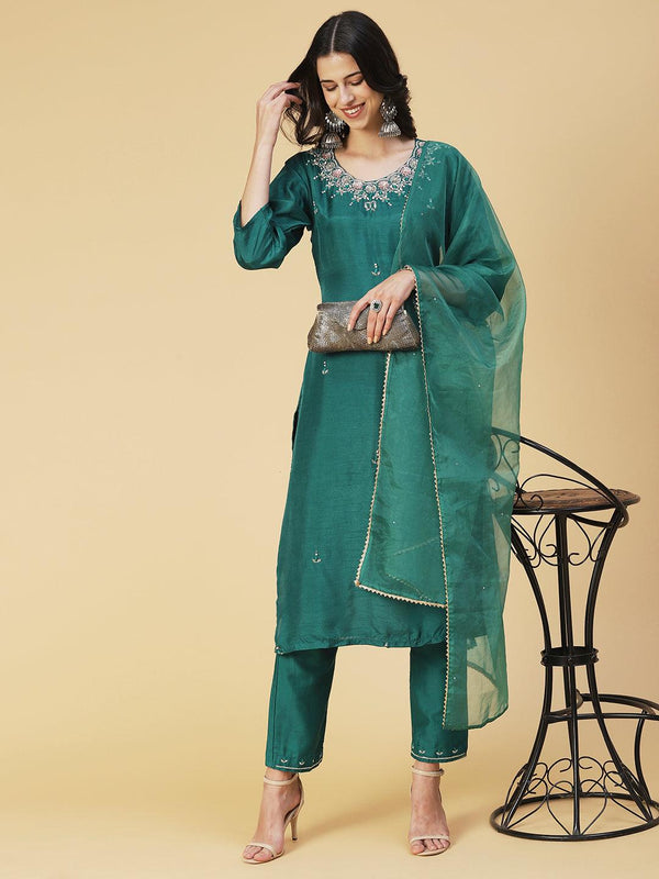 Solid Hand Embroidered Kurti With Pants & Embroidered Dupatta - Green - Indiakreations