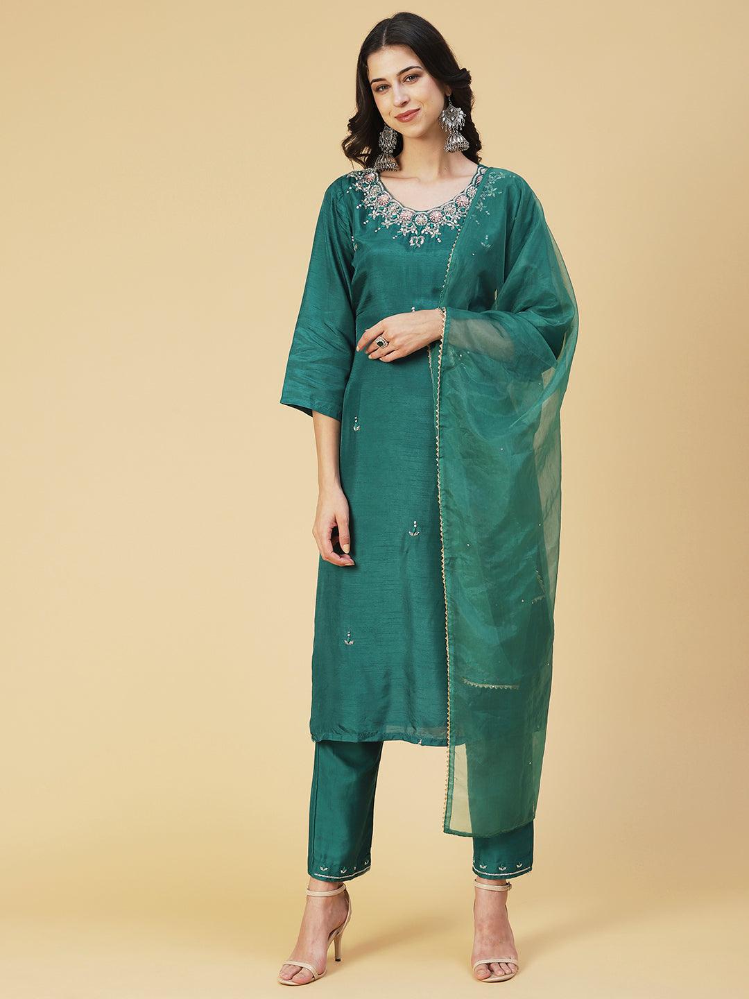 Solid Hand Embroidered Kurti With Pants & Embroidered Dupatta - Green - Indiakreations