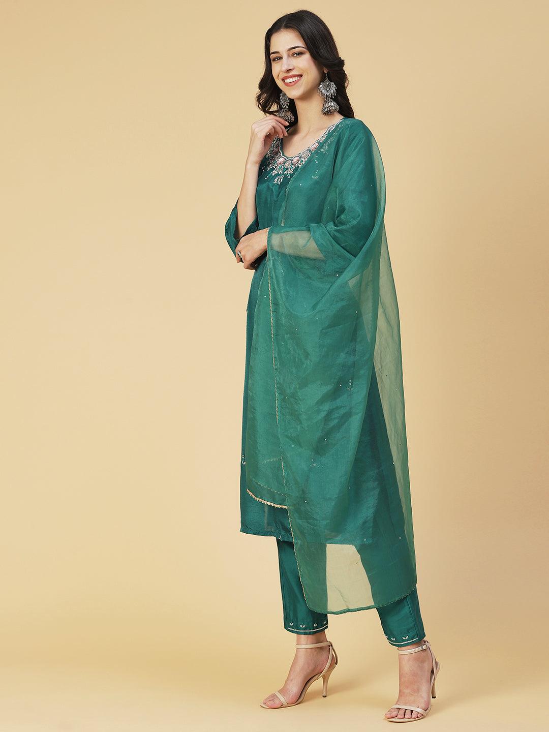 Solid Hand Embroidered Kurti With Pants & Embroidered Dupatta - Green - Indiakreations