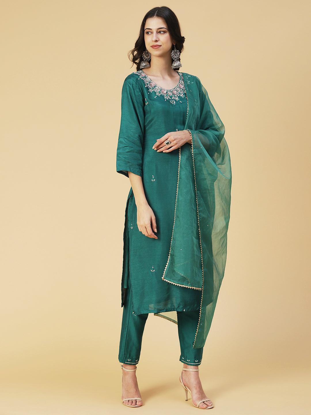 Solid Hand Embroidered Kurti With Pants & Embroidered Dupatta - Green - Indiakreations