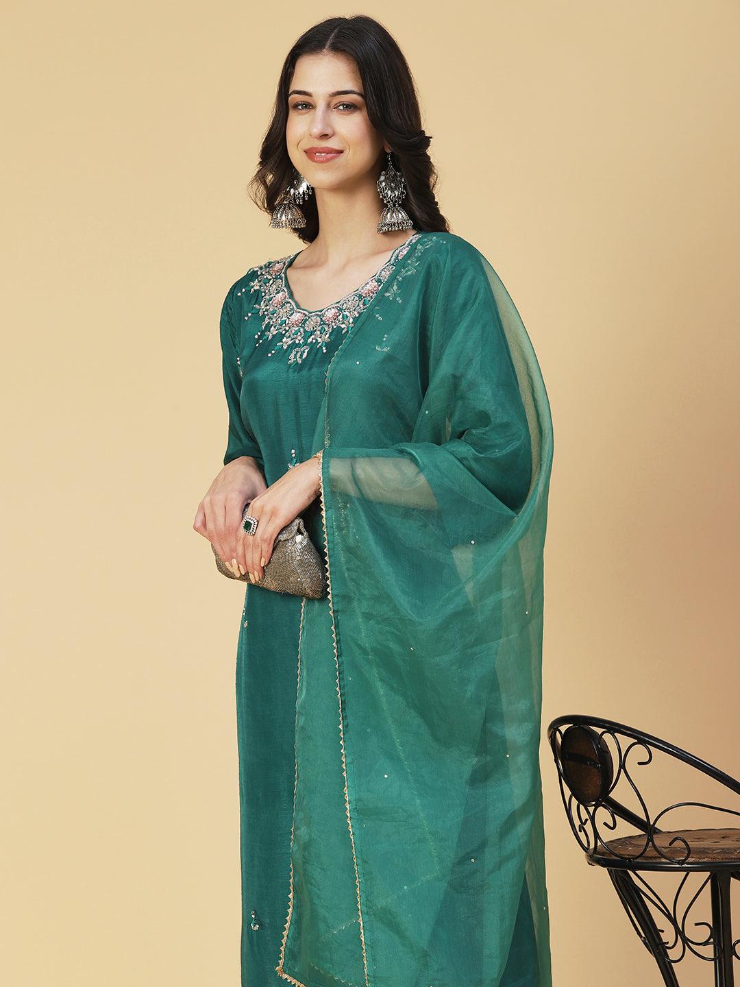 Solid Hand Embroidered Kurti With Pants & Embroidered Dupatta - Green - Indiakreations