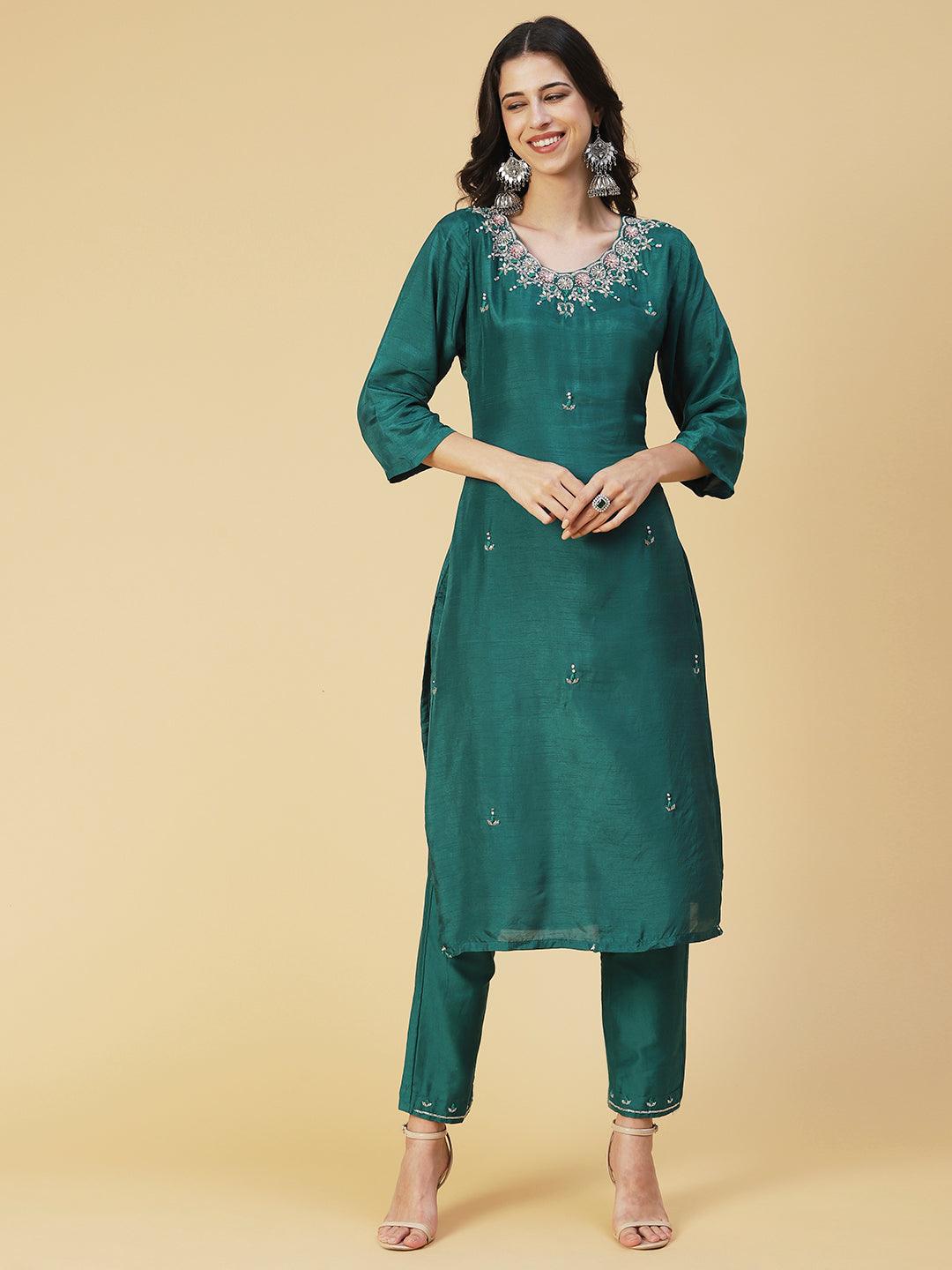 Solid Hand Embroidered Kurti With Pants & Embroidered Dupatta - Green - Indiakreations