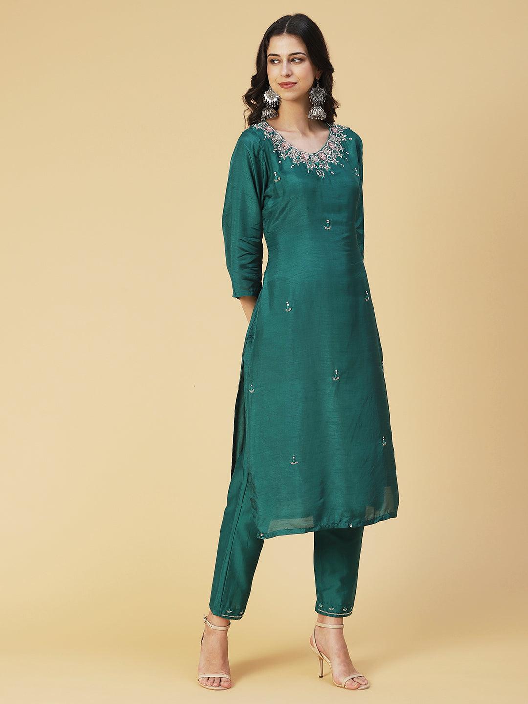 Solid Hand Embroidered Kurti With Pants & Embroidered Dupatta - Green - Indiakreations