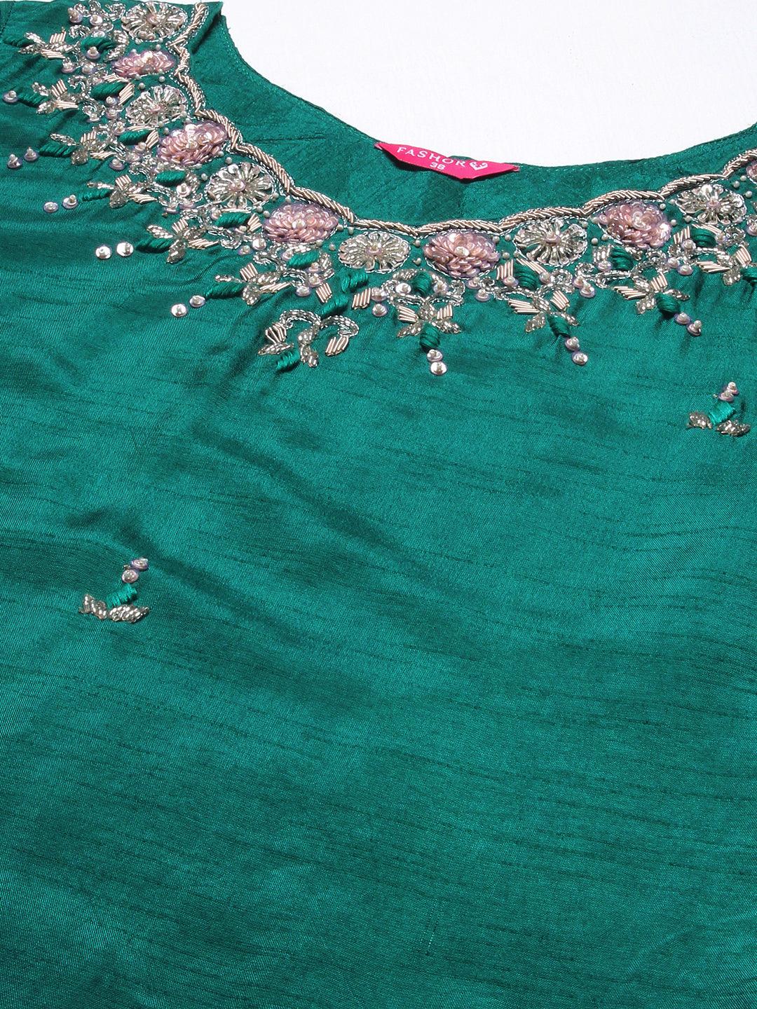 Solid Hand Embroidered Kurti With Pants & Embroidered Dupatta - Green - Indiakreations