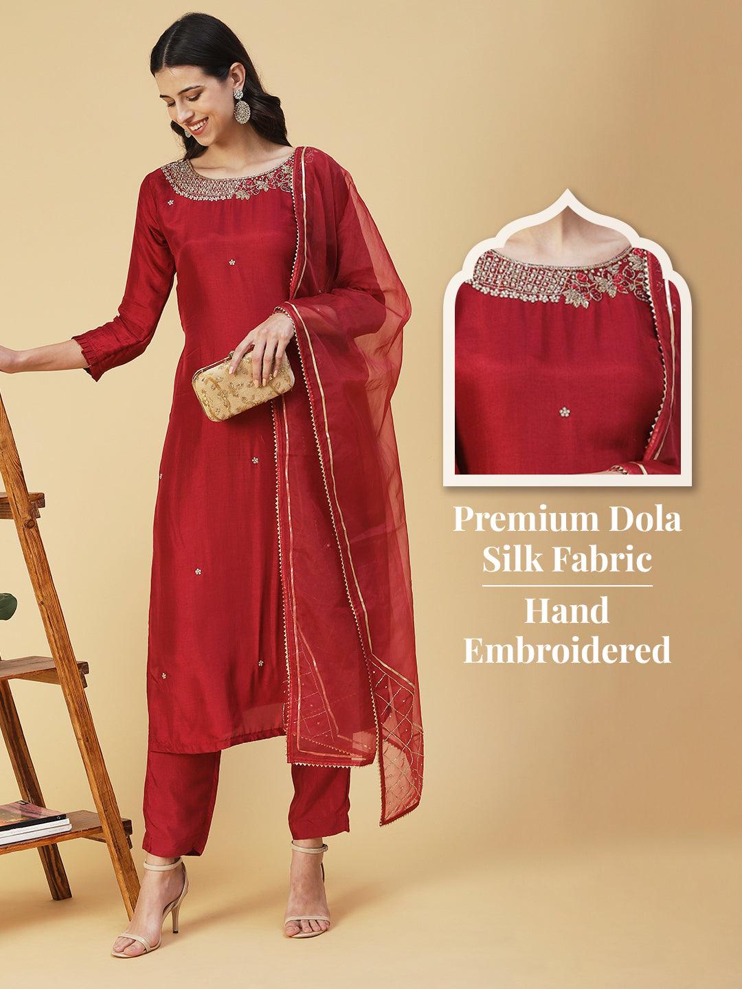 Solid Hand Embroidered Straight Kurta with Pant & Dupatta - Maroon - Indiakreations