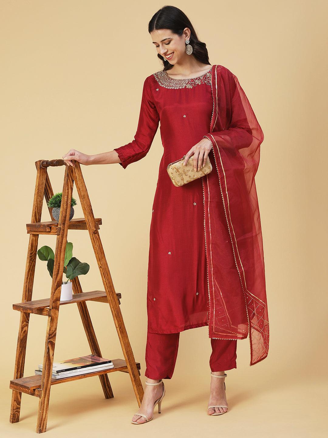 Solid Hand Embroidered Straight Kurta with Pant & Dupatta - Maroon - Indiakreations