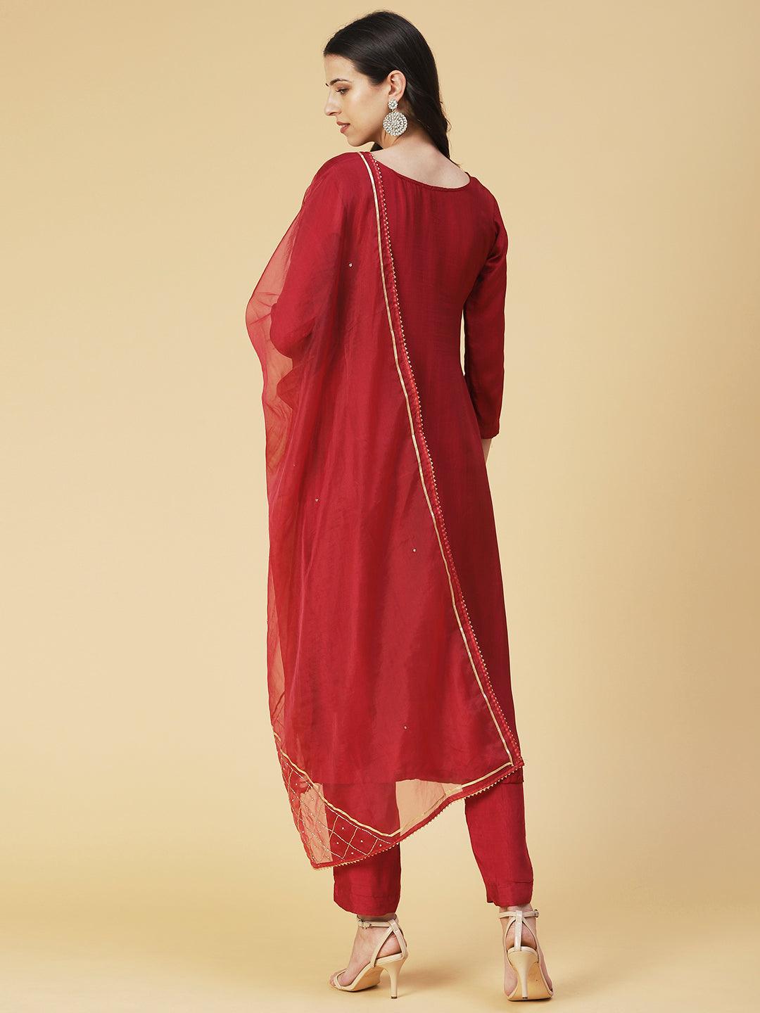 Solid Hand Embroidered Straight Kurta with Pant & Dupatta - Maroon - Indiakreations