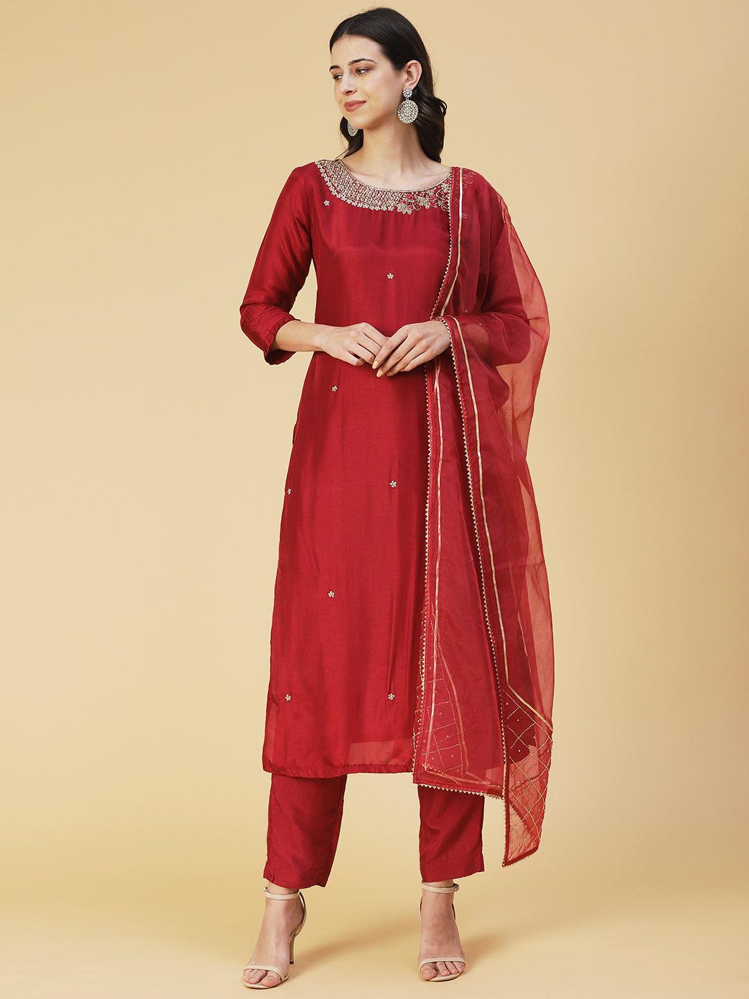 Solid Hand Embroidered Straight Kurta with Pant & Dupatta - Maroon - Indiakreations