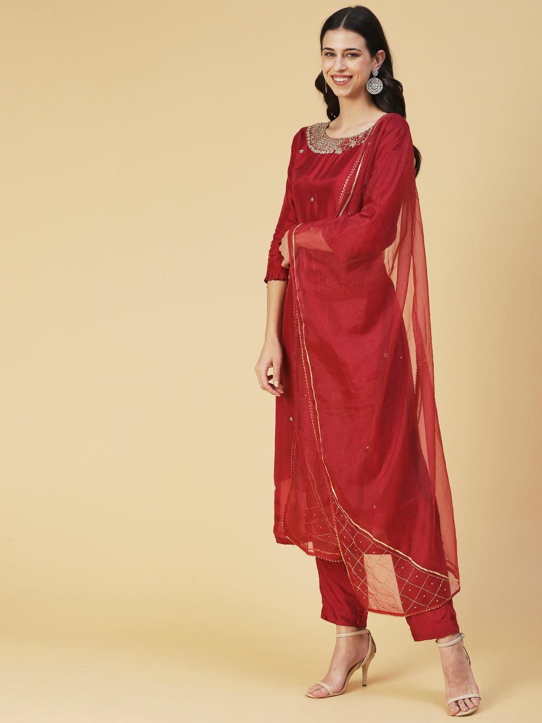 Solid Hand Embroidered Straight Kurta with Pant & Dupatta - Maroon - Indiakreations