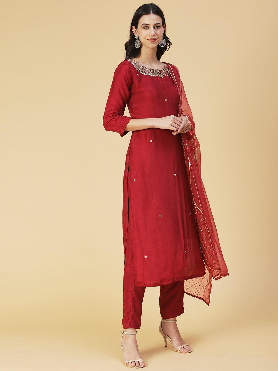 Solid Hand Embroidered Straight Kurta with Pant & Dupatta - Maroon - Indiakreations