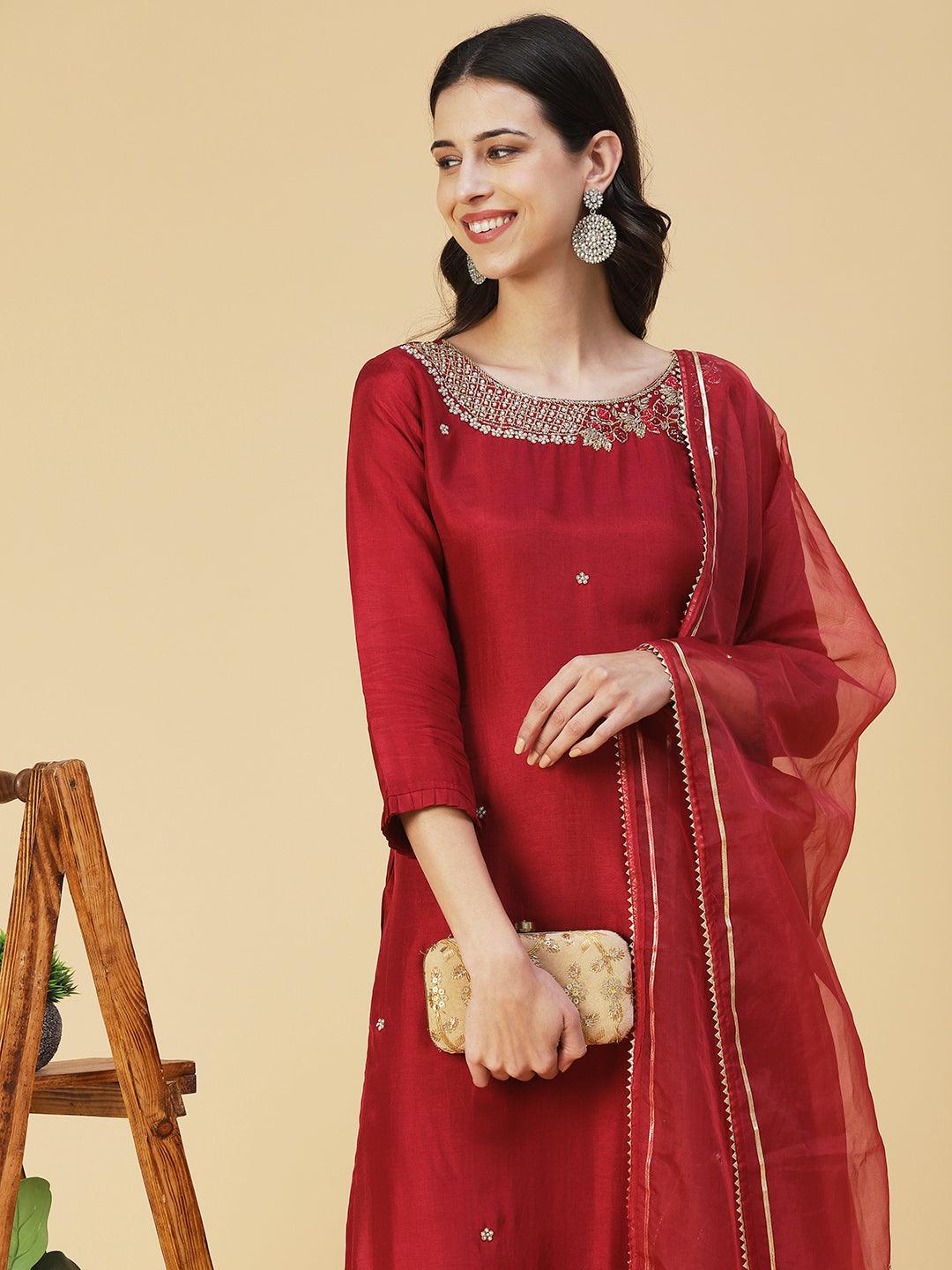 Solid Hand Embroidered Straight Kurta with Pant & Dupatta - Maroon - Indiakreations