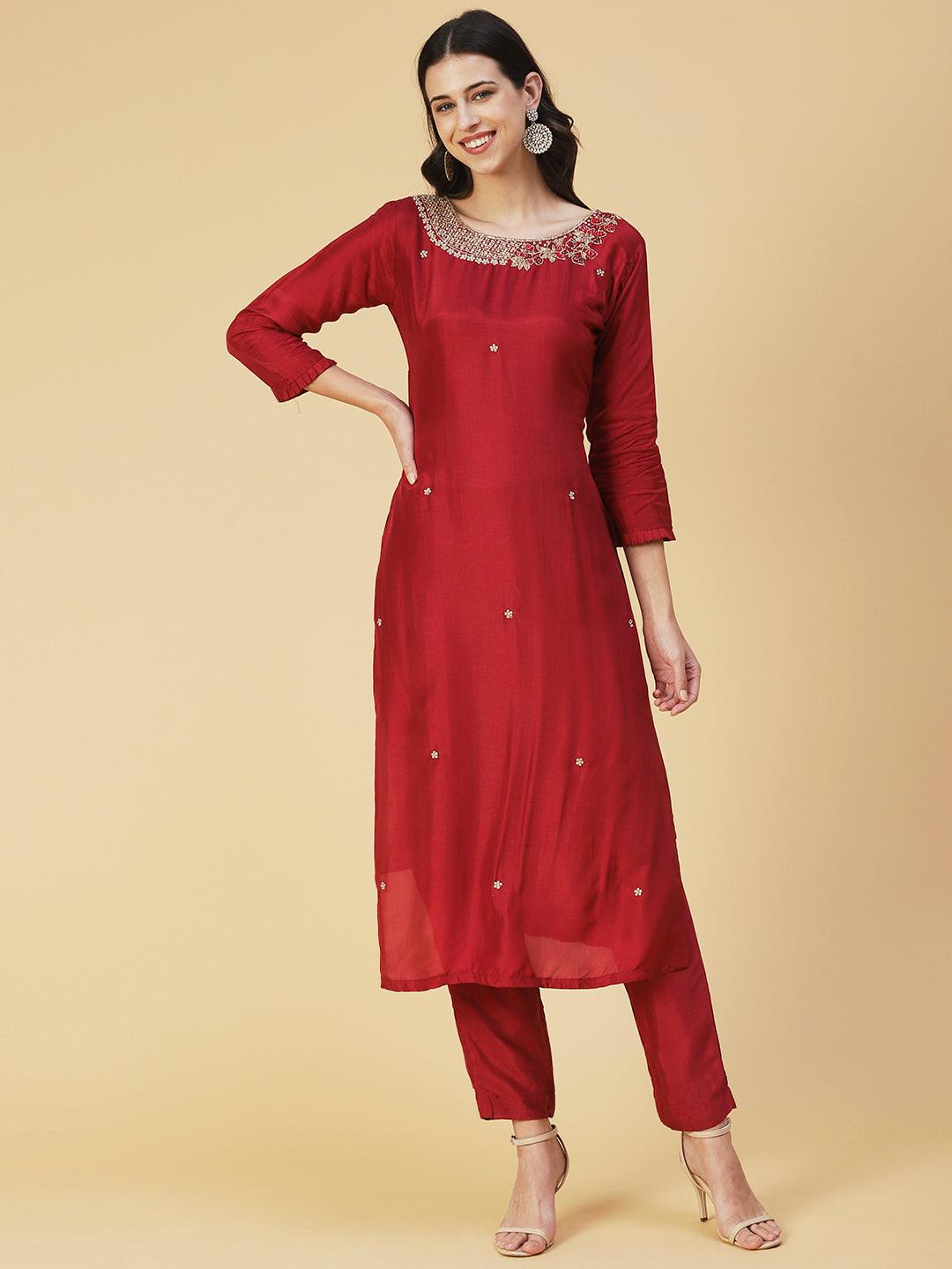 Solid Hand Embroidered Straight Kurta with Pant & Dupatta - Maroon - Indiakreations