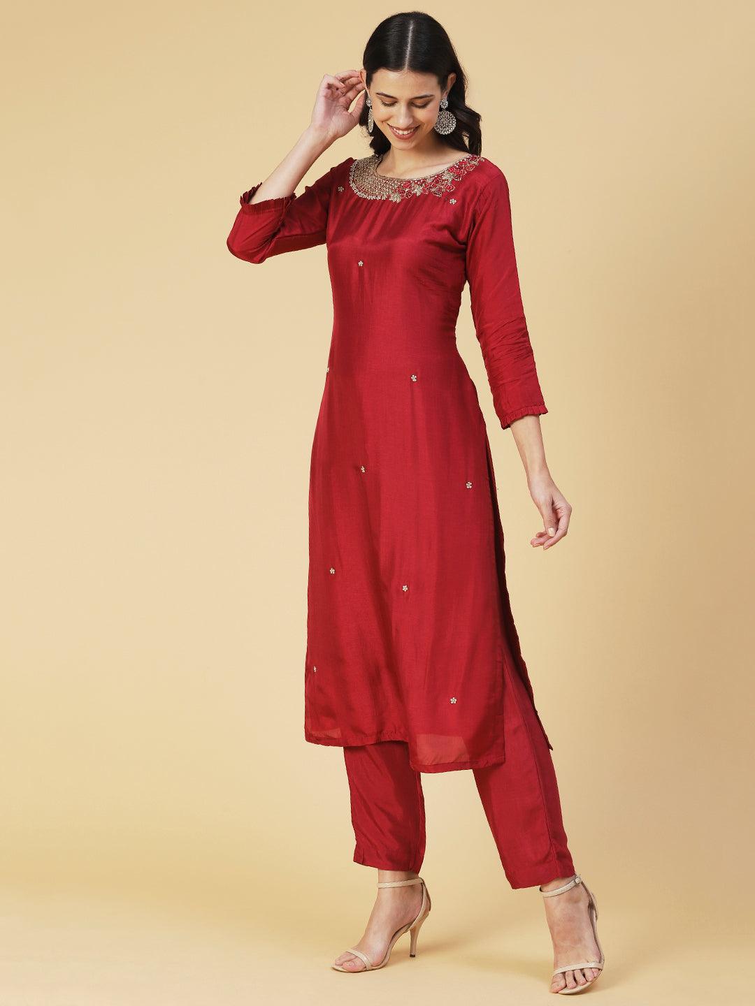 Solid Hand Embroidered Straight Kurta with Pant & Dupatta - Maroon - Indiakreations