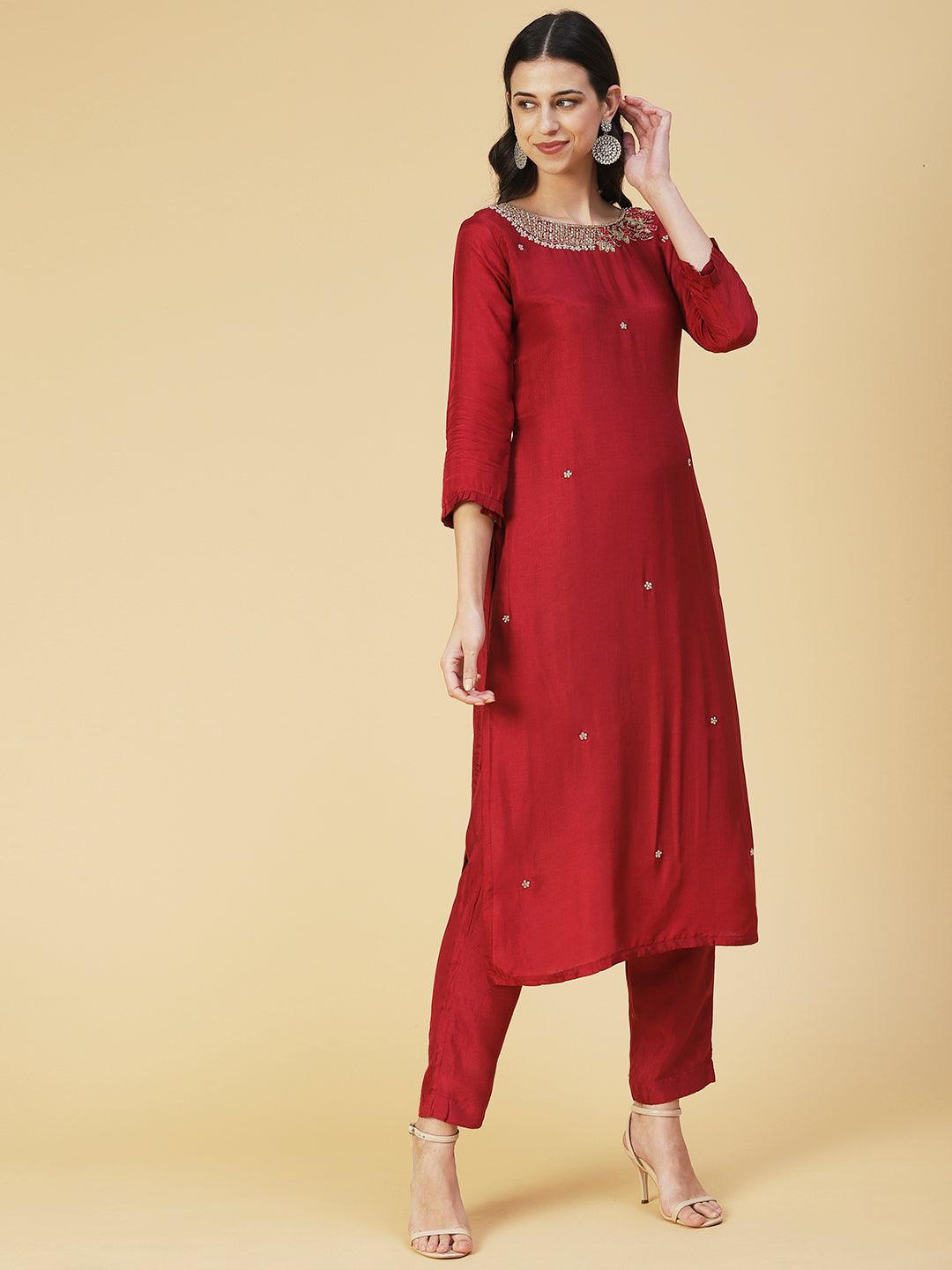 Solid Hand Embroidered Straight Kurta with Pant & Dupatta - Maroon - Indiakreations