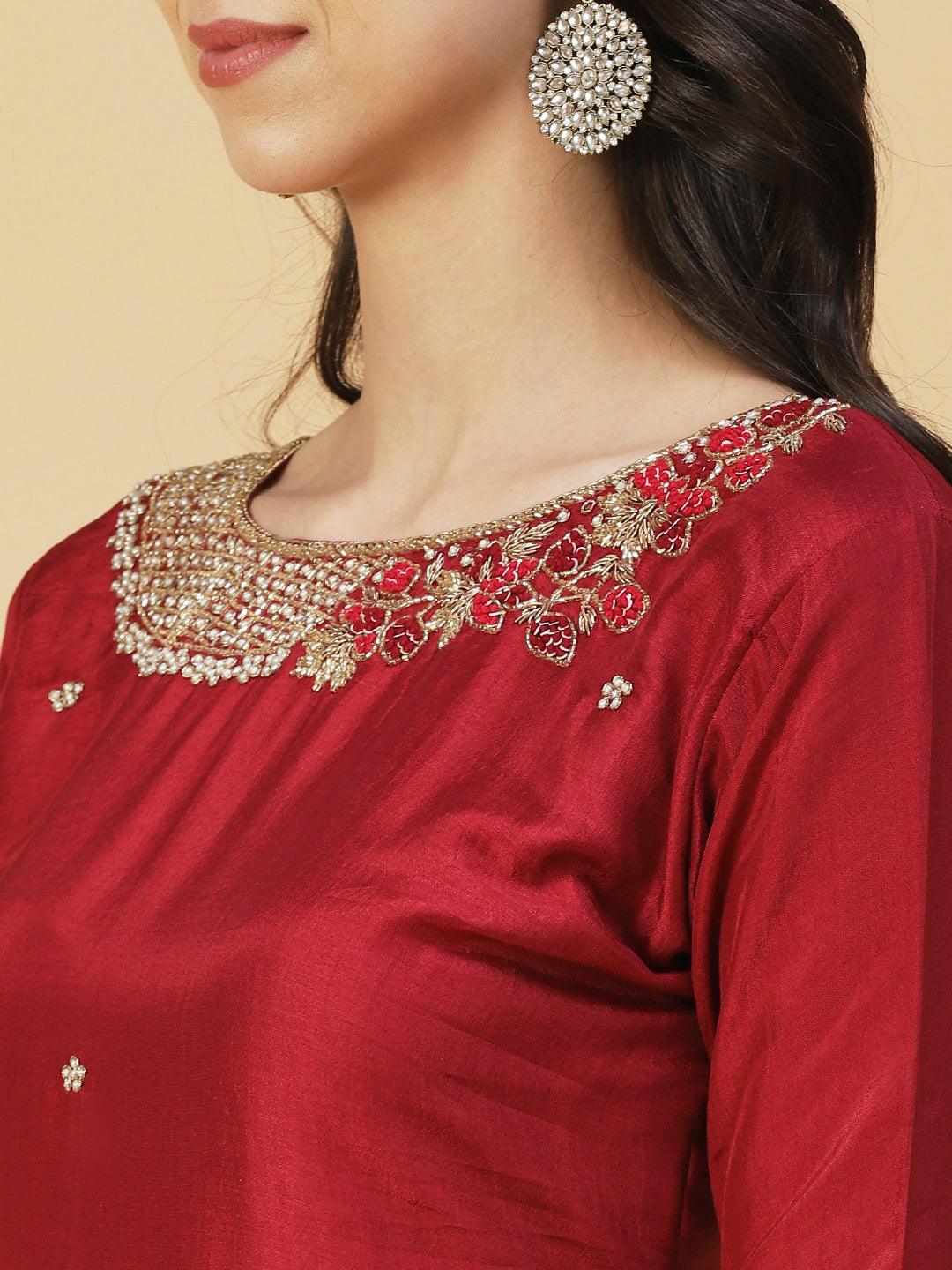 Solid Hand Embroidered Straight Kurta with Pant & Dupatta - Maroon - Indiakreations