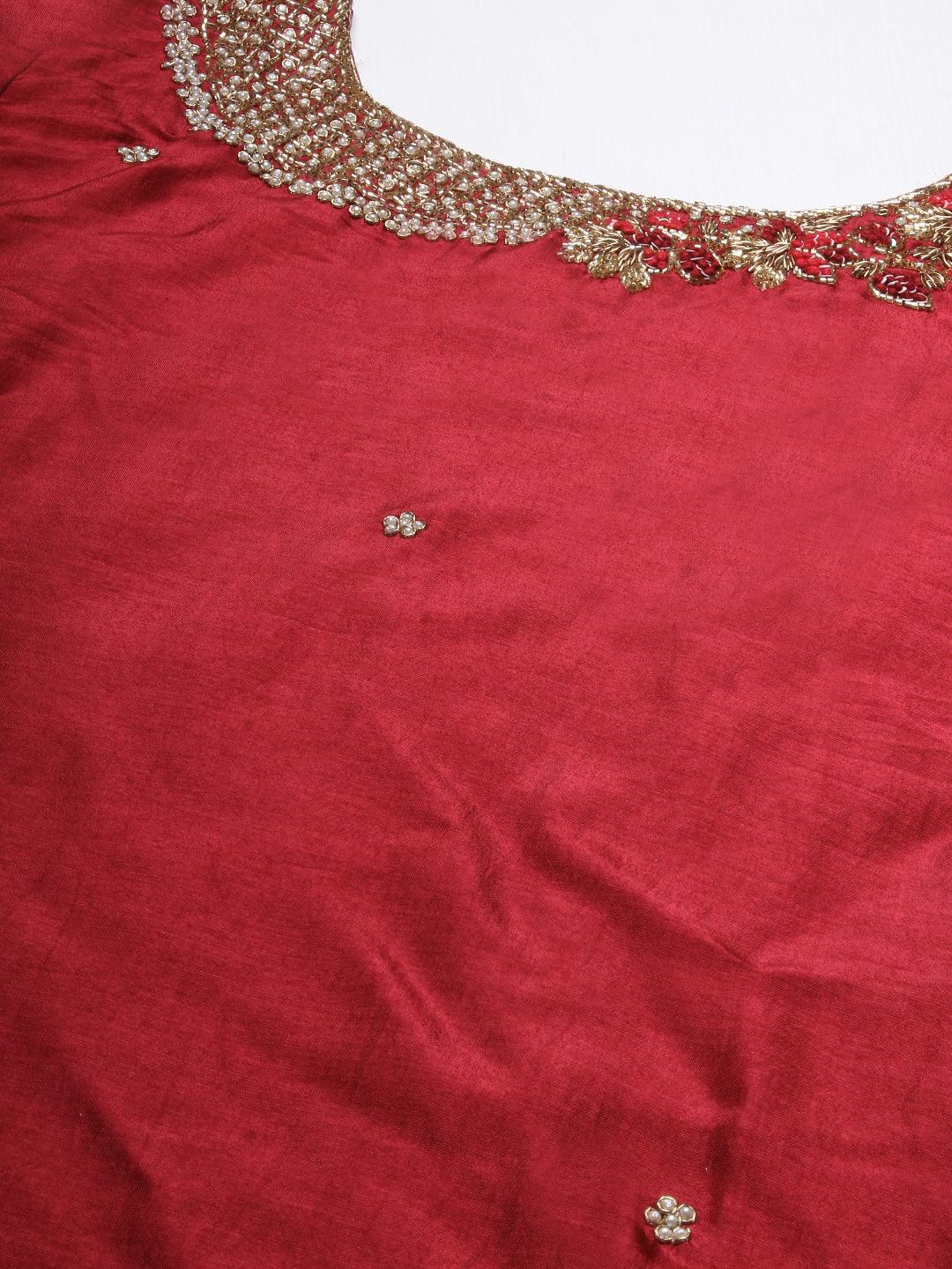 Solid Hand Embroidered Straight Kurta with Pant & Dupatta - Maroon - Indiakreations