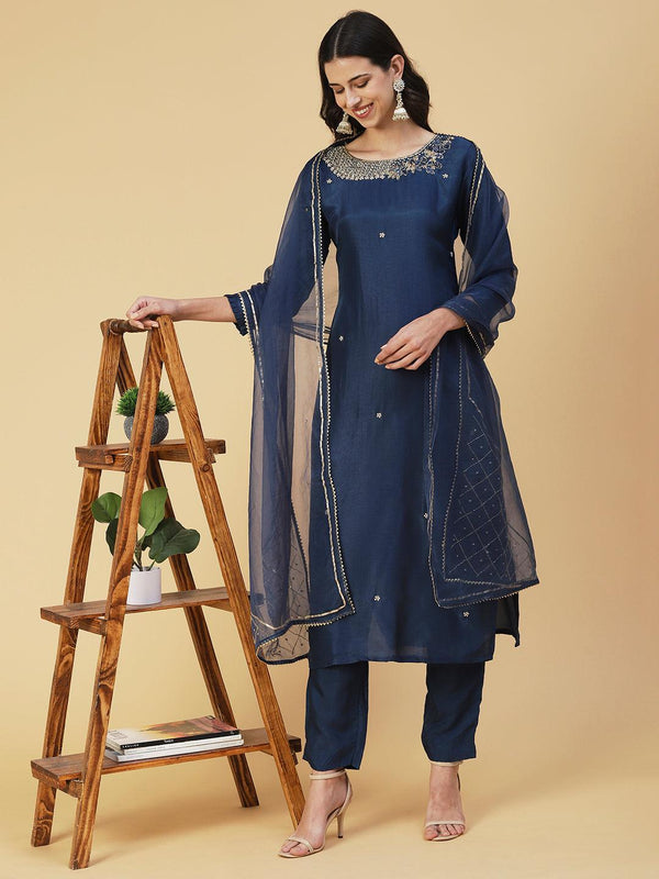 Solid Zardozi Embroidered Kurta With Pants & Dupatta - Blue - Indiakreations