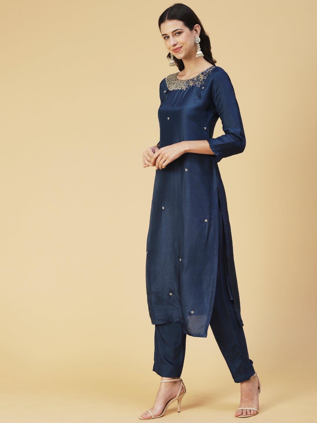 Solid Zardozi Embroidered Kurta With Pants & Dupatta - Blue - Indiakreations