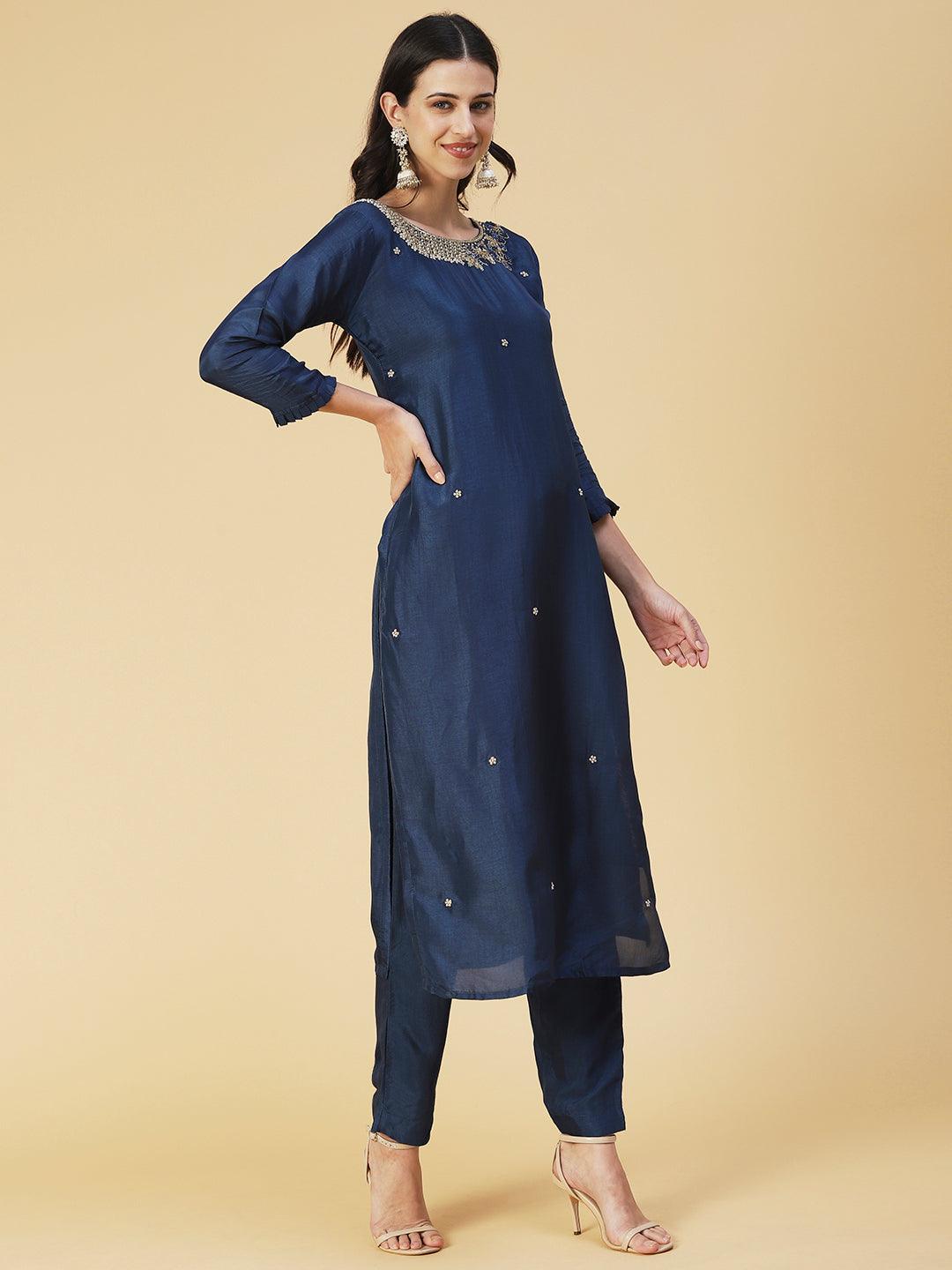 Solid Zardozi Embroidered Kurta With Pants & Dupatta - Blue - Indiakreations