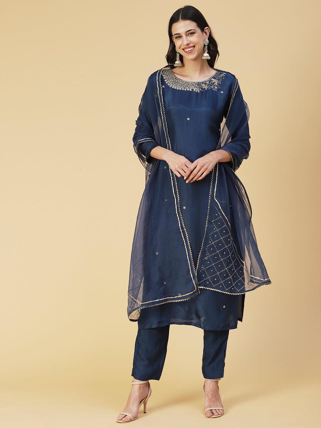 Solid Zardozi Embroidered Kurta With Pants & Dupatta - Blue - Indiakreations