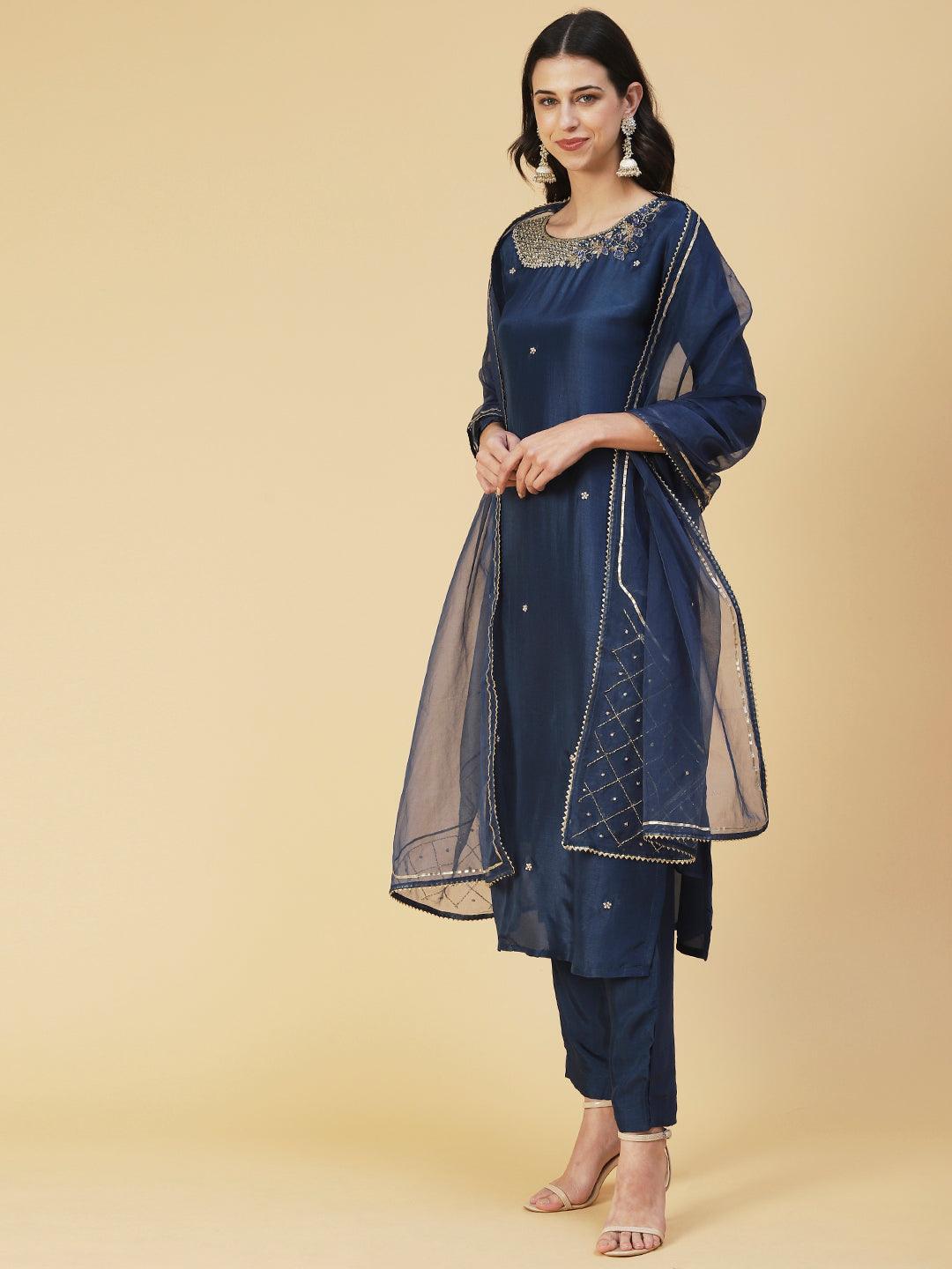 Solid Zardozi Embroidered Kurta With Pants & Dupatta - Blue - Indiakreations