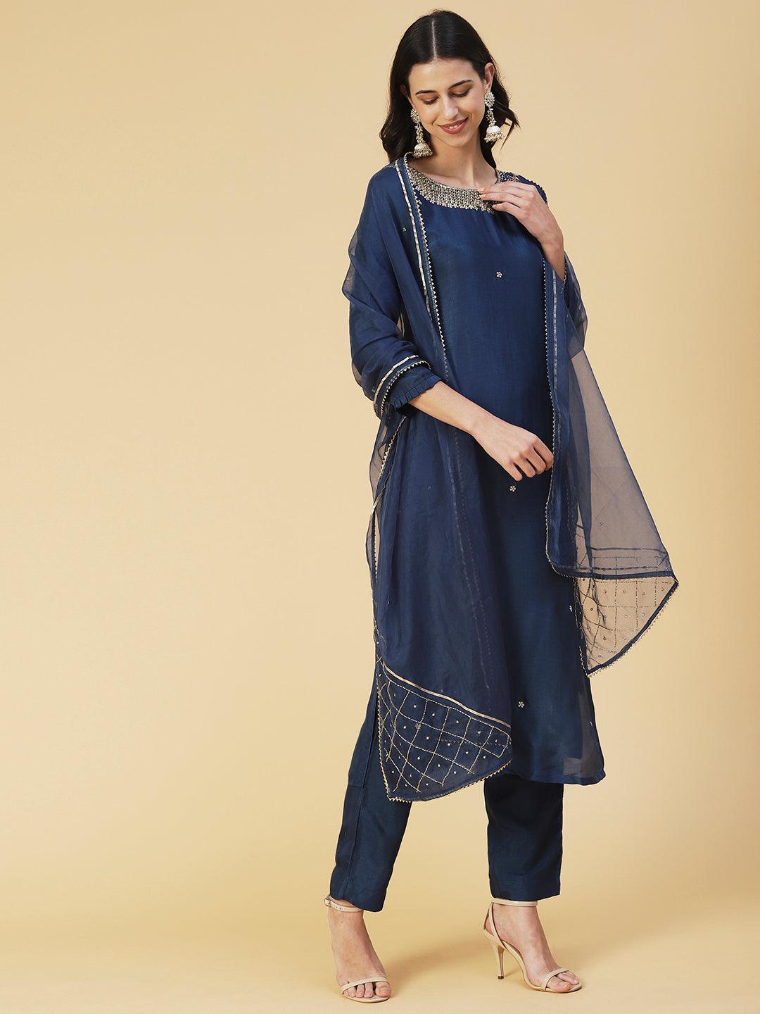 Solid Zardozi Embroidered Kurta With Pants & Dupatta - Blue - Indiakreations