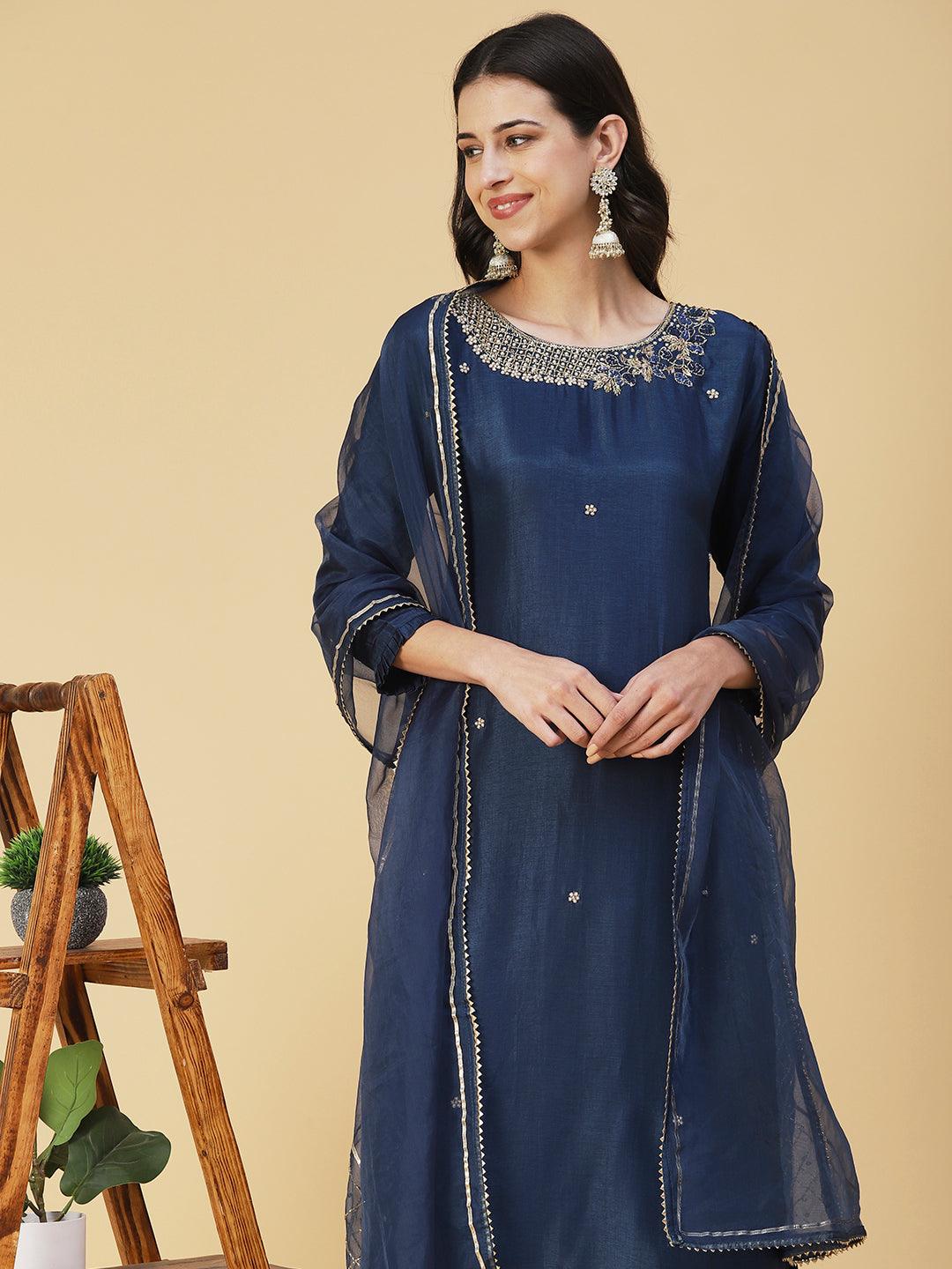 Solid Zardozi Embroidered Kurta With Pants & Dupatta - Blue - Indiakreations