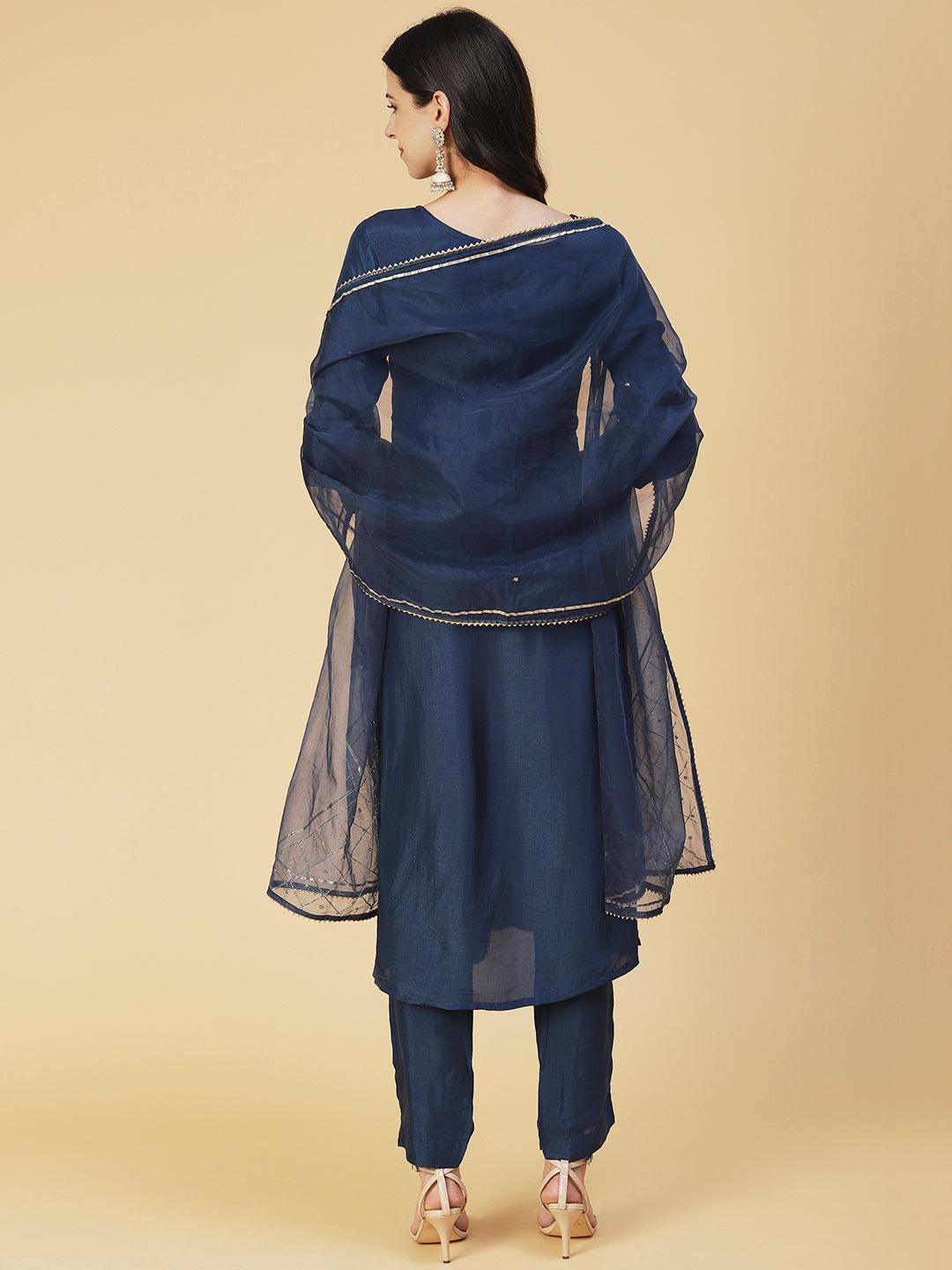 Solid Zardozi Embroidered Kurta With Pants & Dupatta - Blue - Indiakreations