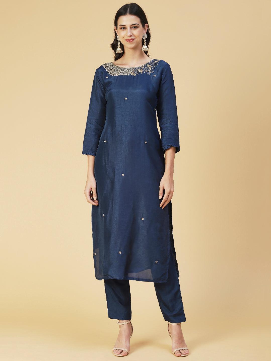 Solid Zardozi Embroidered Kurta With Pants & Dupatta - Blue - Indiakreations