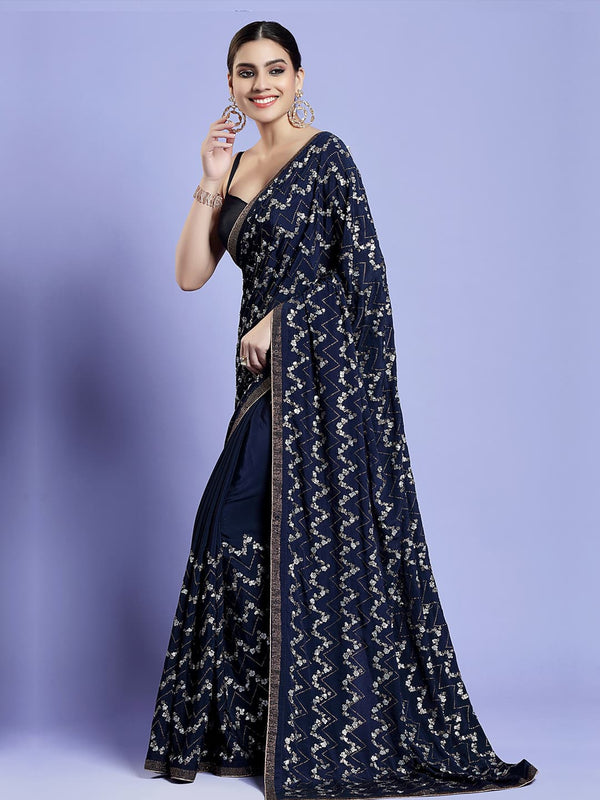 Alluring Peacock Blue Crepe Saree With Sequin All over