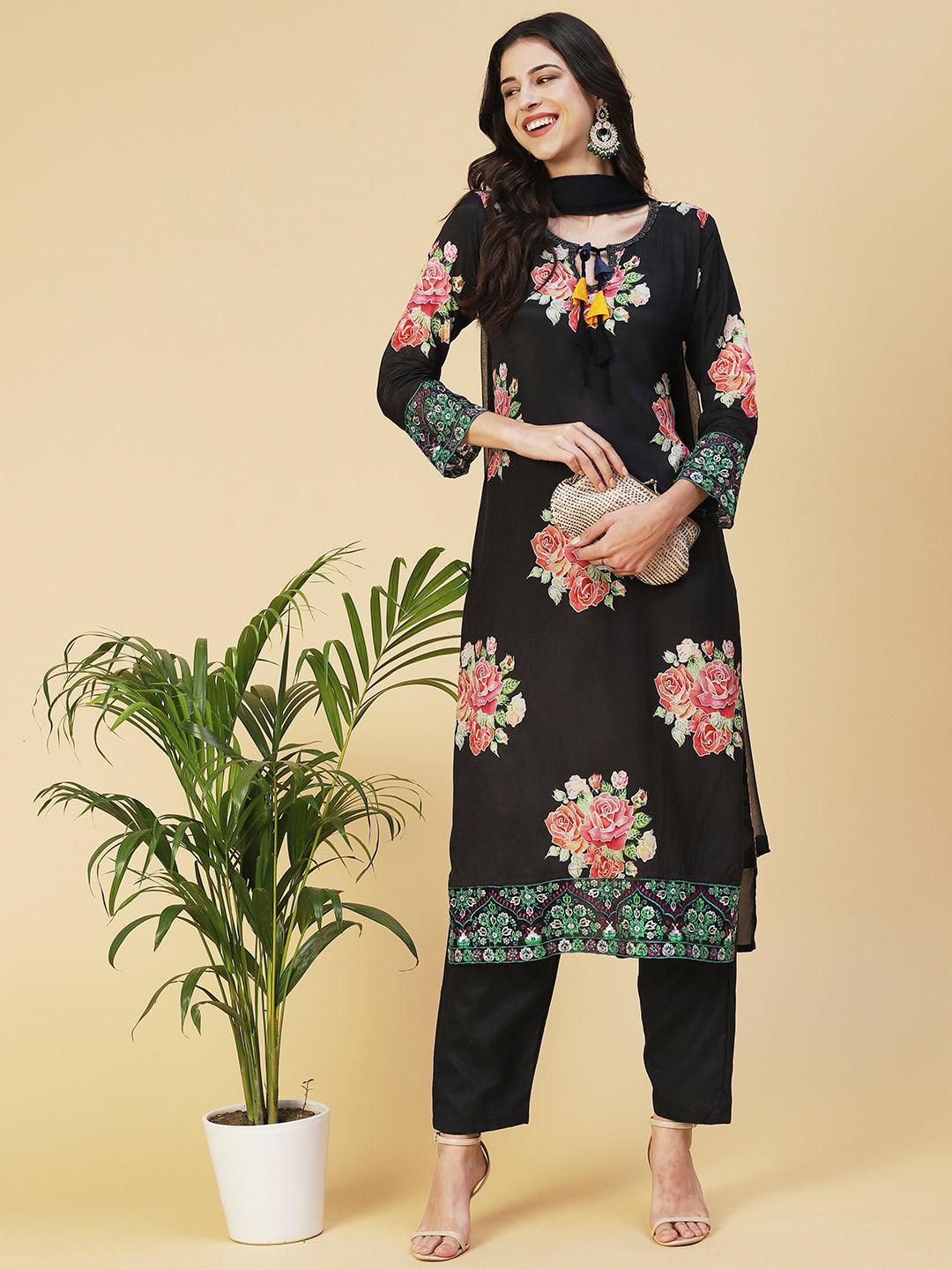 Floral Printed Resham Embroidered Kurta With Pants & Dupatta - Black - Indiakreations