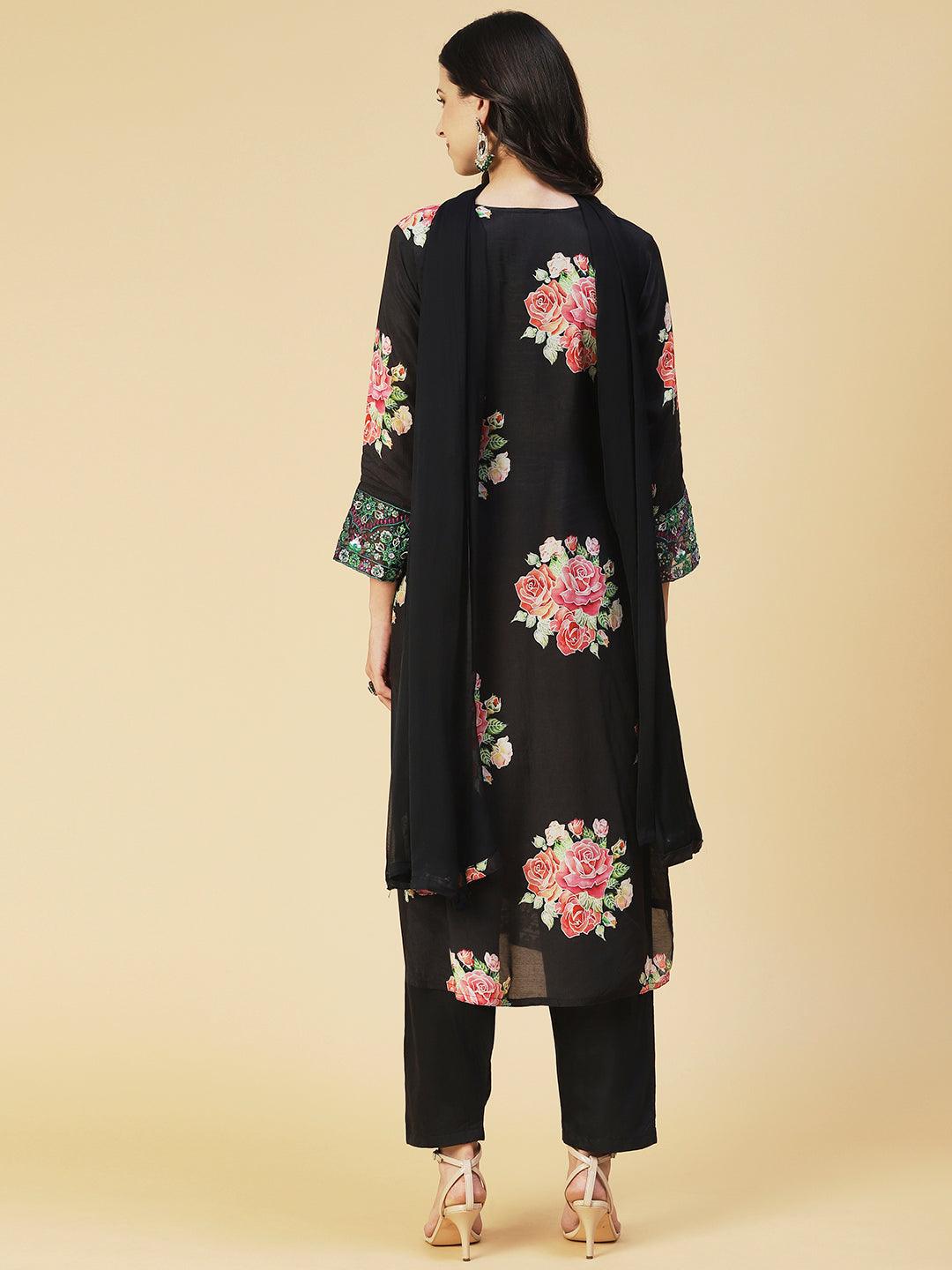 Floral Printed Resham Embroidered Kurta With Pants & Dupatta - Black - Indiakreations