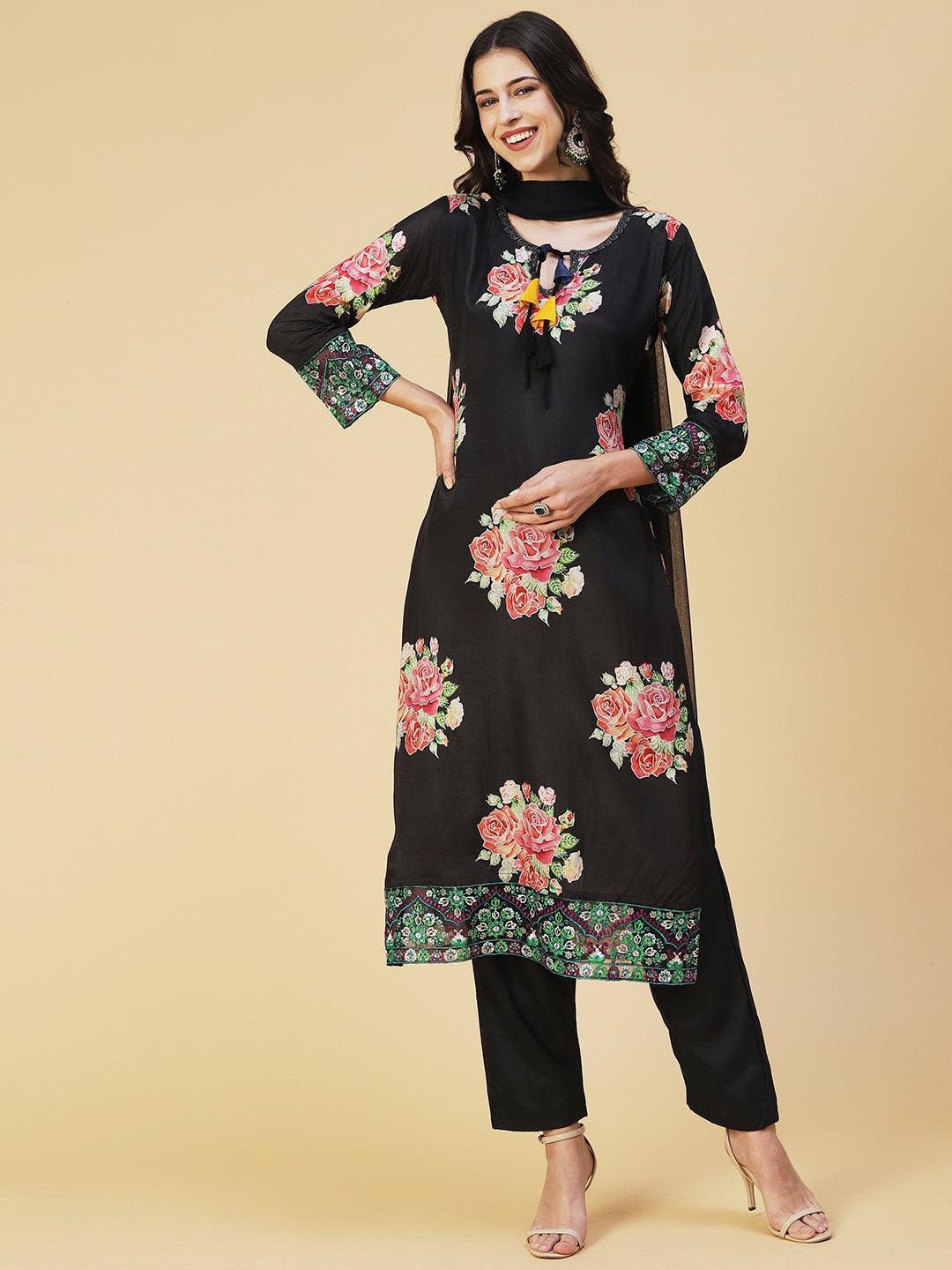 Floral Printed Resham Embroidered Kurta With Pants & Dupatta - Black - Indiakreations