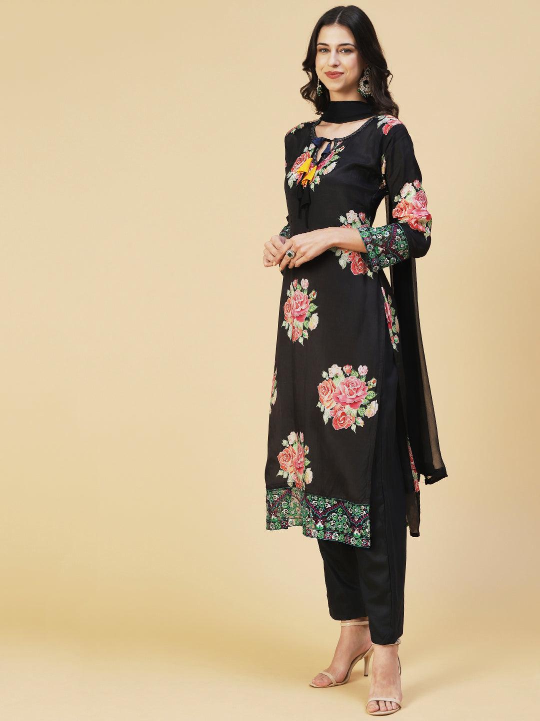 Floral Printed Resham Embroidered Kurta With Pants & Dupatta - Black - Indiakreations